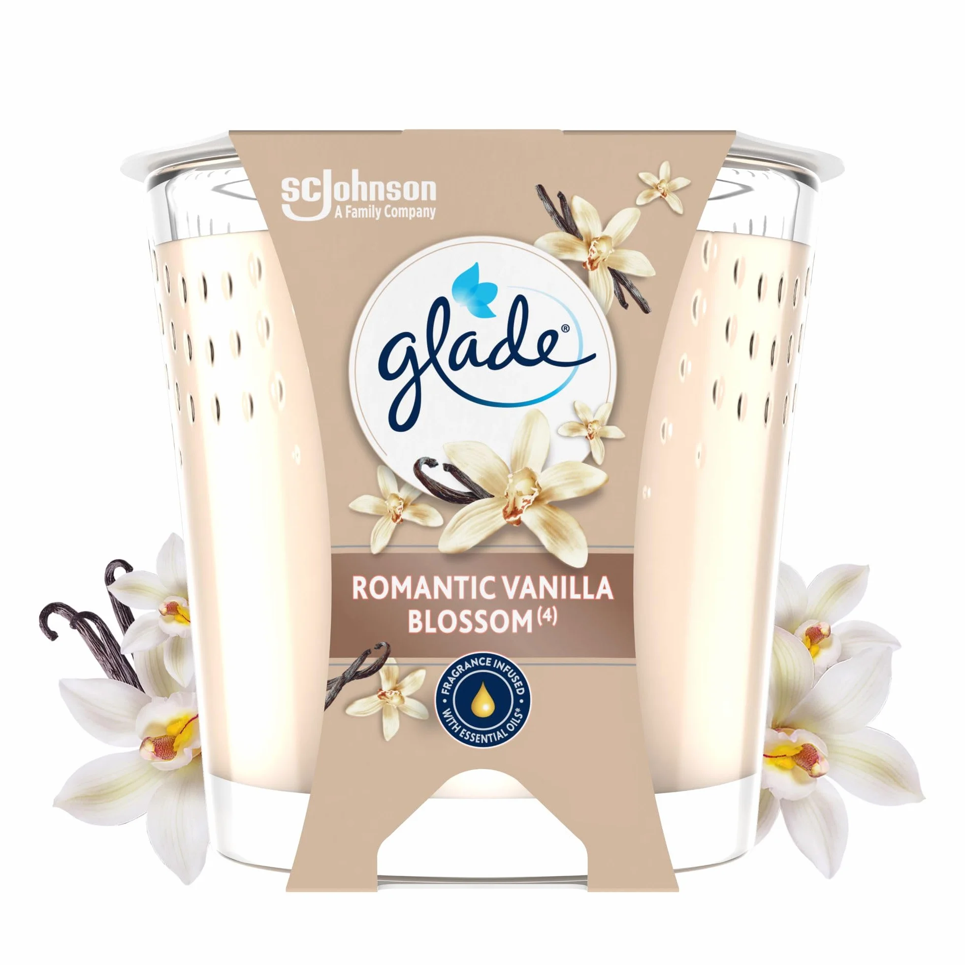 Glade Bougie Vegan Parfum Infusé Huiles Essentielles Romantic Vanilla Blossom 1 Bougie