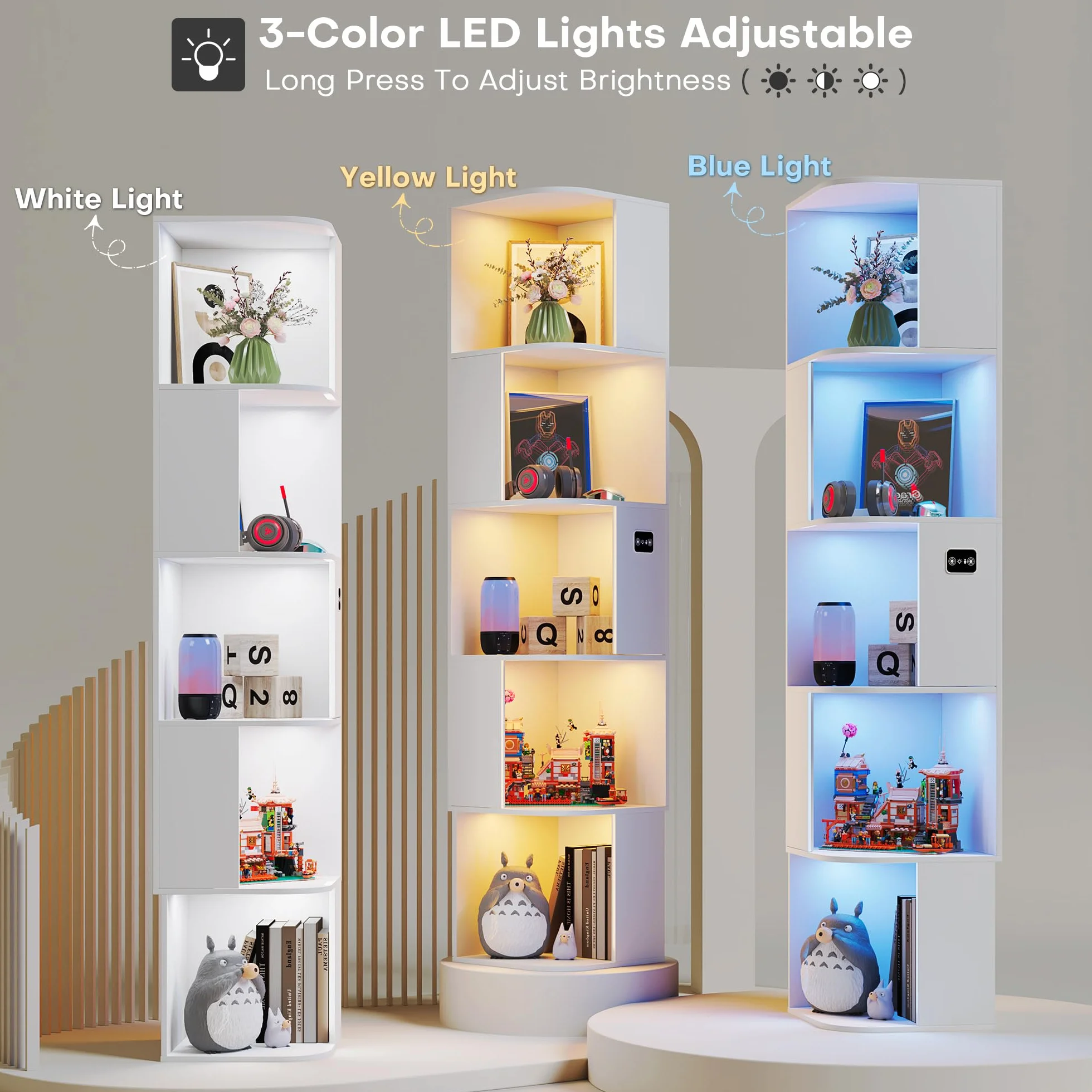 Gurexl 165 CM Vitrine avec Lumières LED 3 Couleurs,Asymétrique Bibliothèque avec étagères à 5 Niveau,Vitrine d'angle avec Capteur Humain pour Salon,Noir pour Salon,Bureau,Chambre,Blanc