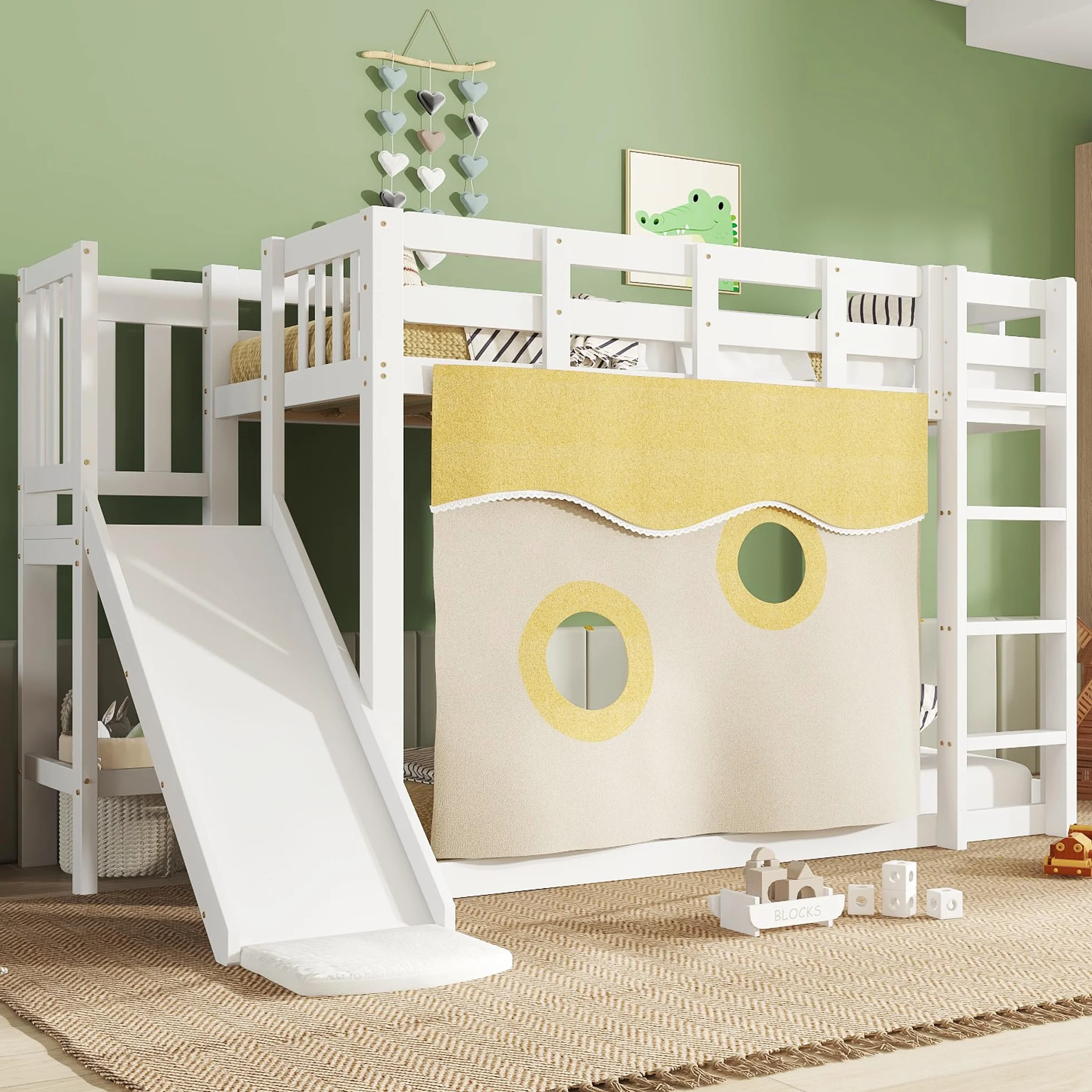 Lit superposé pour Enfants avec Toboggan, lit en Bois avec escalier et clôtures, lit pour Enfant avec Rideau de lit, Protection Anti-Chute, Bois Massif (sans Matelas) (Blanc-02W, 90x200cm)