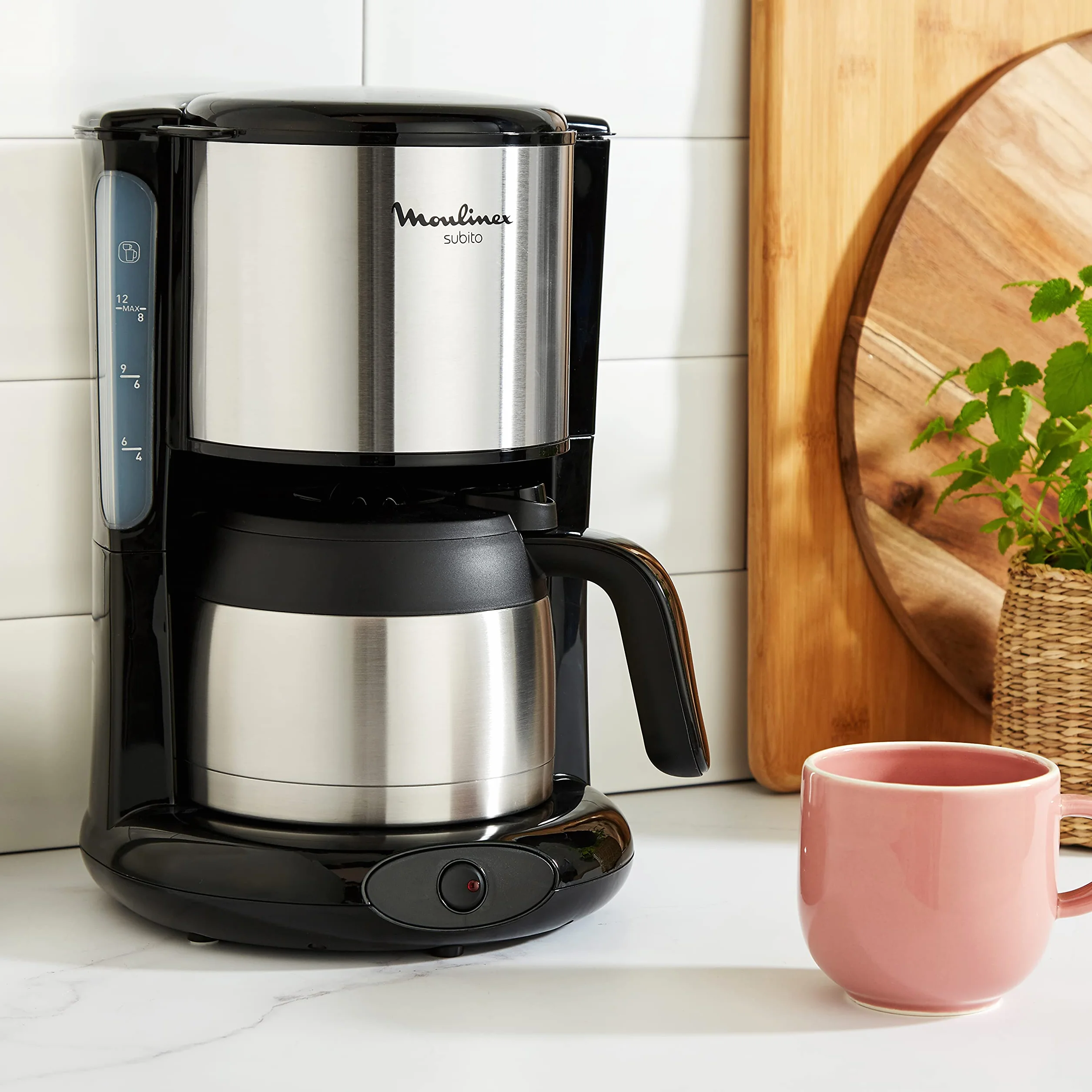 Moulinex FT360811 Cafetière Filtre Subito Isotherme 8-12 Tasses Verseuse Inox Anti-Goutte Maintien au Chaud 4 Heures 0.9l Café Noir