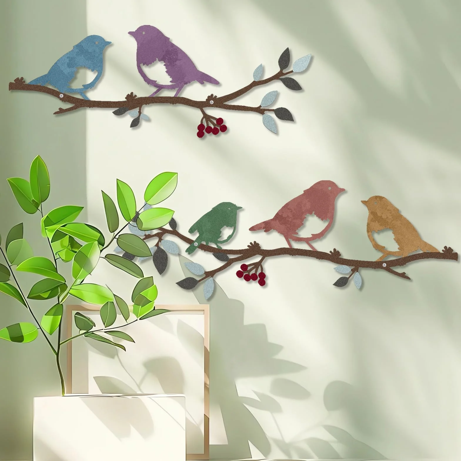 Lot de 2 oiseaux muraux en métal sur une branche, Décoration murale feuilles silhouette oiseaux, Décoration jardin balcon