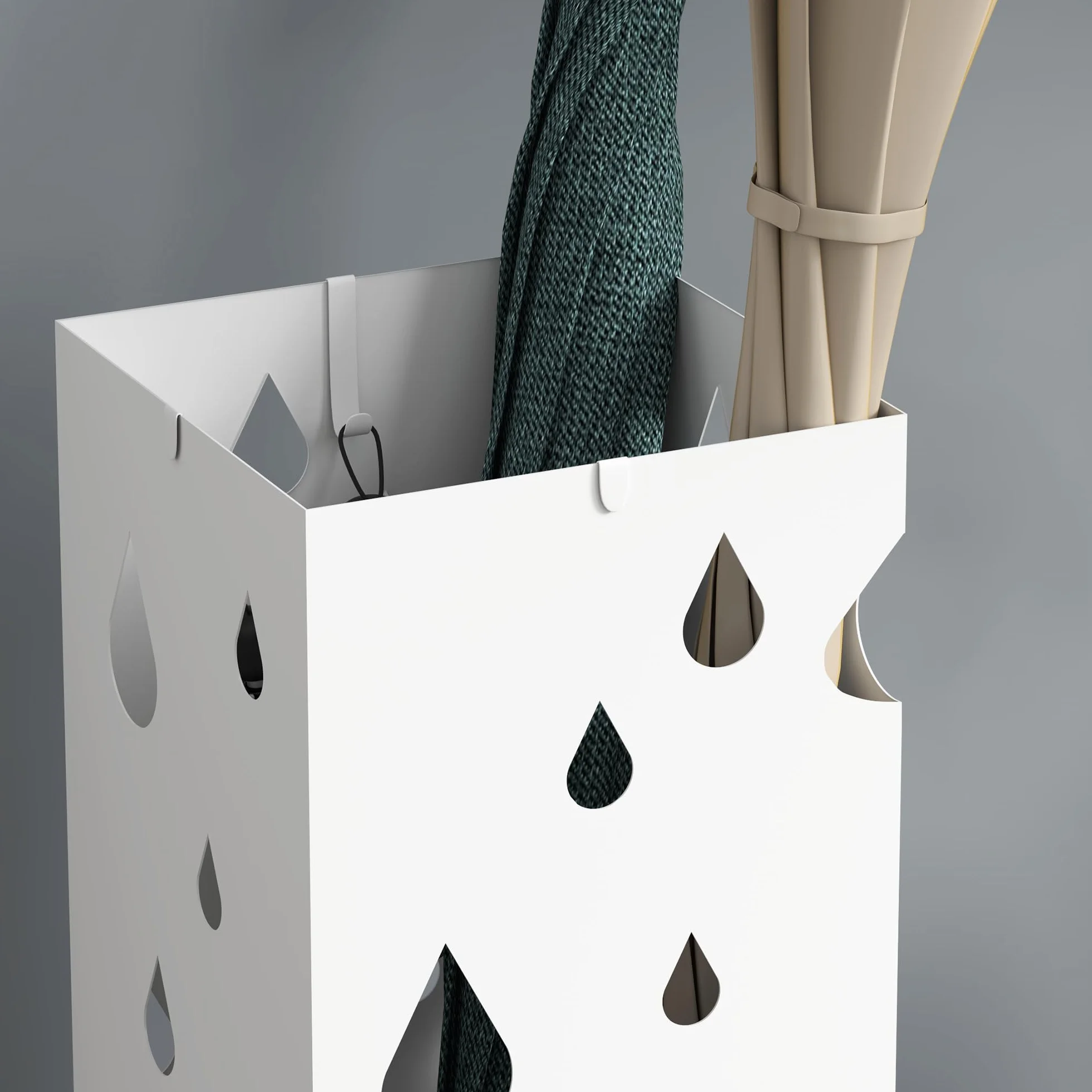 HOMCOM Porte-parapluie en acier carré 4 crochets bac récupération eau amovible 15,5x15,5x41 cm blanc