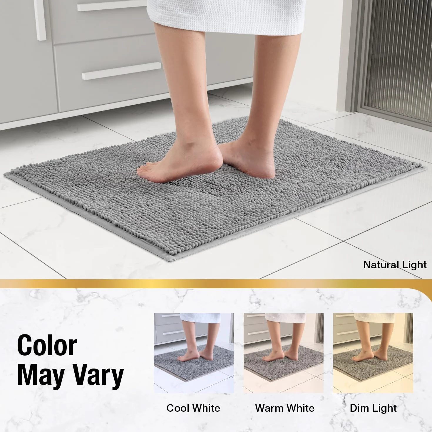 HITSLAM Tapis de Bain en Chenille 60x40cm Antidérapant Super Absorbant Lavable en Machine Gris