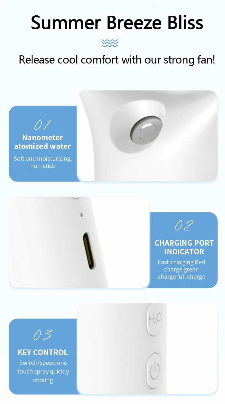 FXI Ventilateur Brumisateur Portable Mini USB Rechargeable 3 Vitesses Blanc