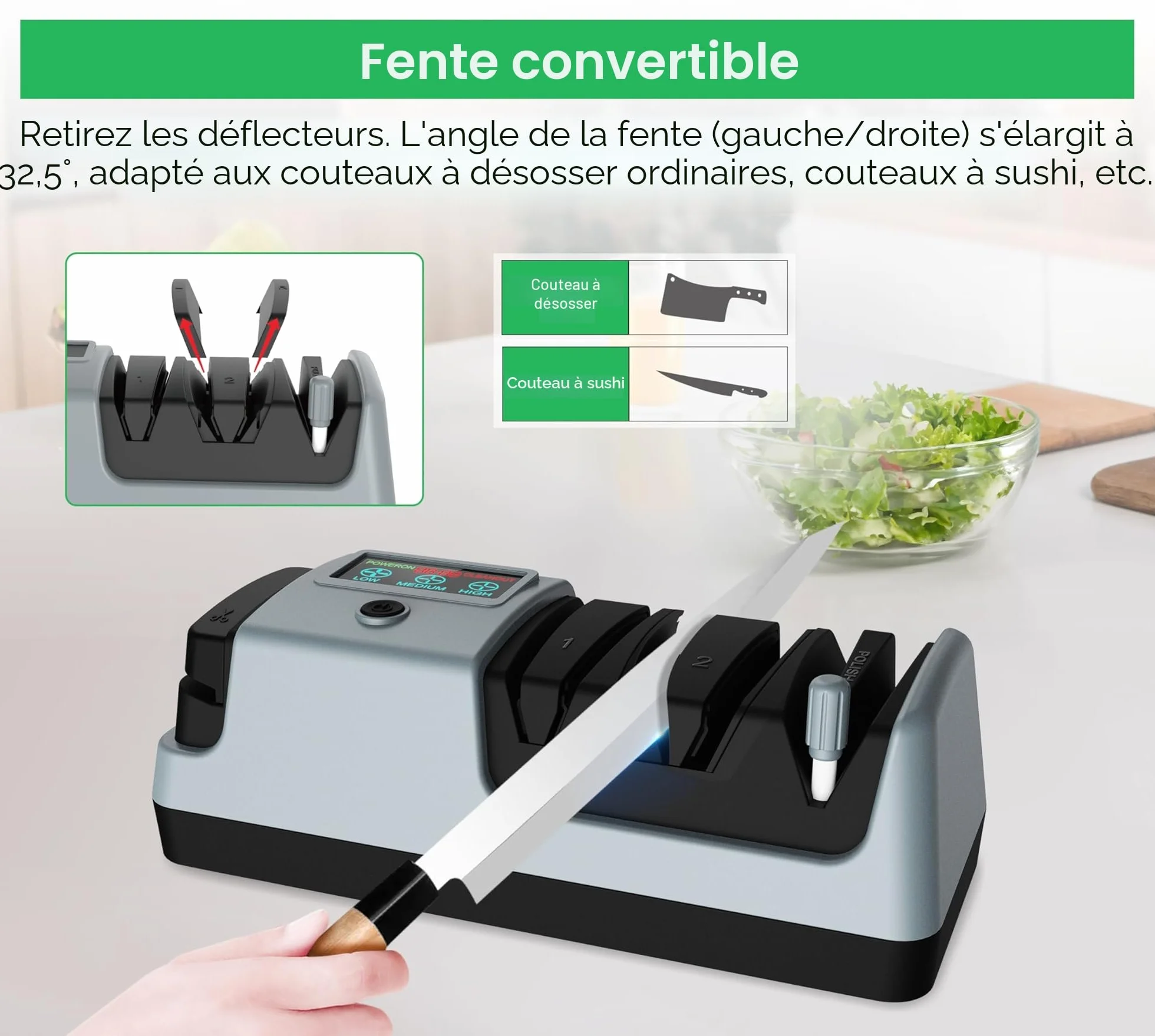 Aiguiseur de couteaux électrique 5 en 1, 3 vitesses de rotation pour lames droites, dentelées, hachoir et ciseaux