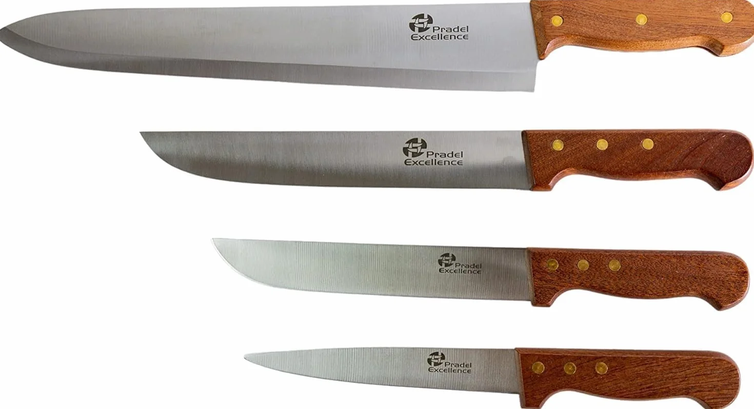Pradel Excellence - PCOT001008 - Mallette Couteaux de Chasse 8 Pièces - 4 Couteaux + 1 Couperet + 1 Scie + 1 Crochet + 1 Fusil d’Affûtage - Lames Inox - Manches Rivetés en Bois de Rose