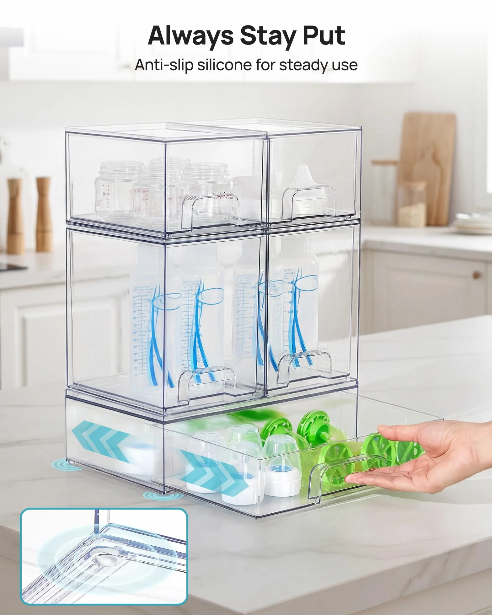 Vtopmart – Lot de 5 tiroirs de rangement empilables, bacs de rangement en plastique transparent pour biberons de bébé, produits de beauté, idéal pour le comptoir de cuisine, vanité, salle de bain