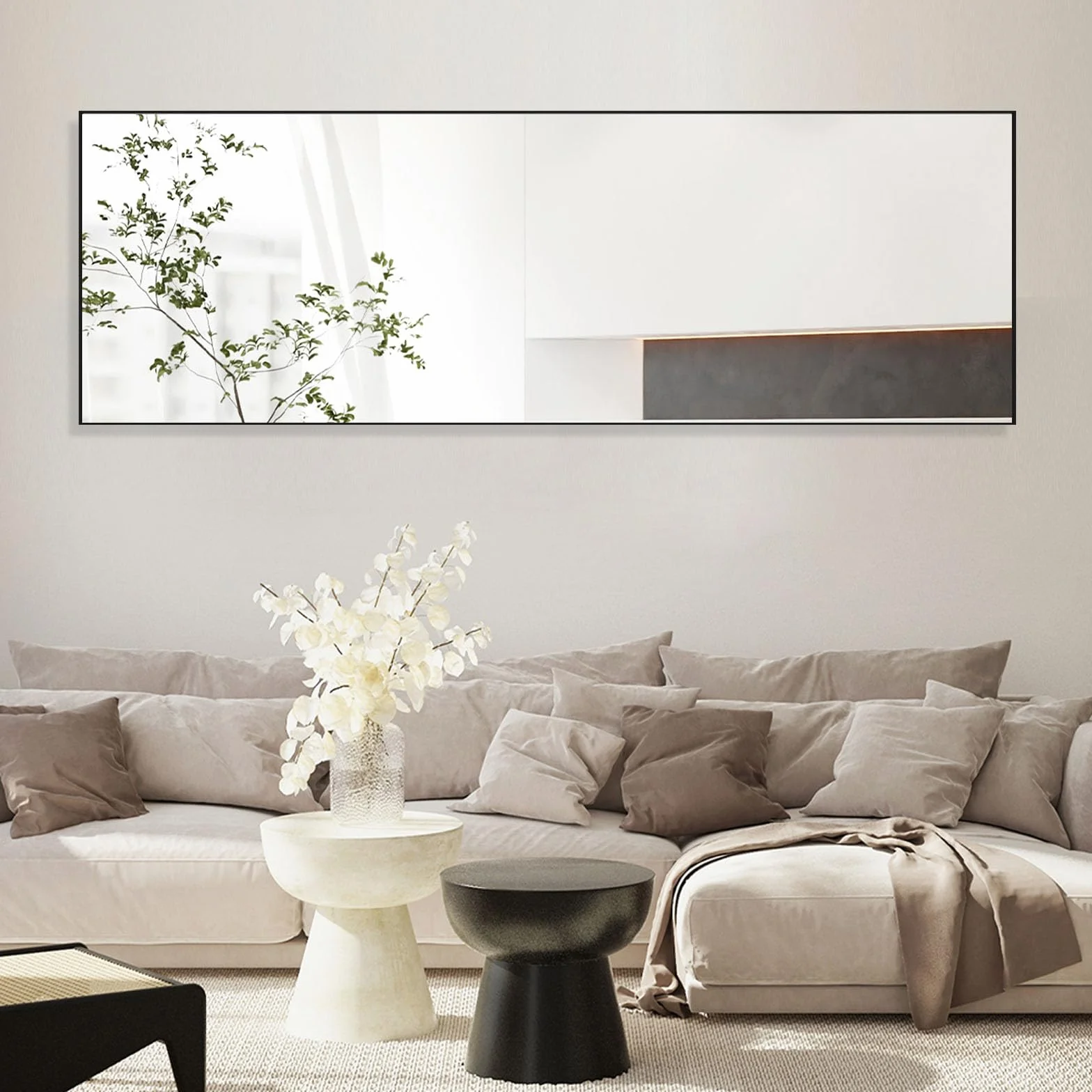 Miroir sur toute la longueur 147 x 44 cm cadre noir pour chambre salon entrée