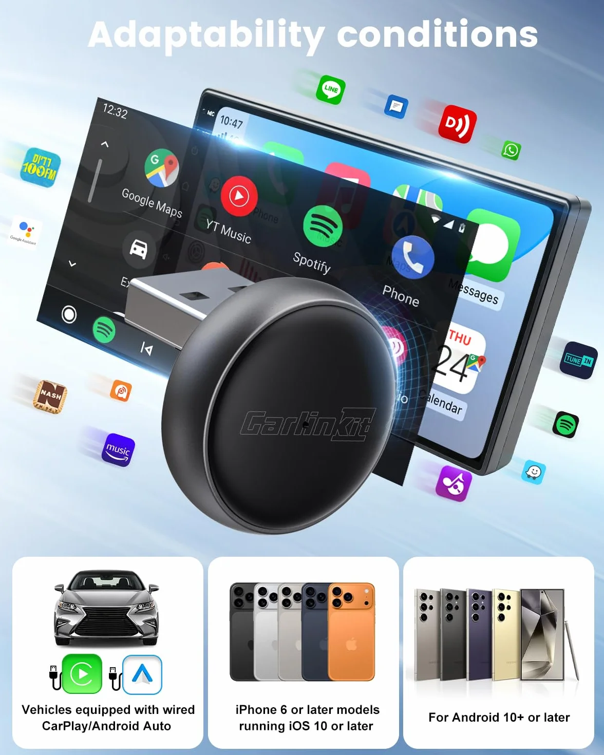 CarlinKit MINI Ultra3 Najnowszy bezprzewodowy adapter CarPlay i Android Auto, umożliwiający szybkie połączenie przewodowe z bezprzewodowym, kompatybilny z systemami iOS 10+ i Android 11.0+.