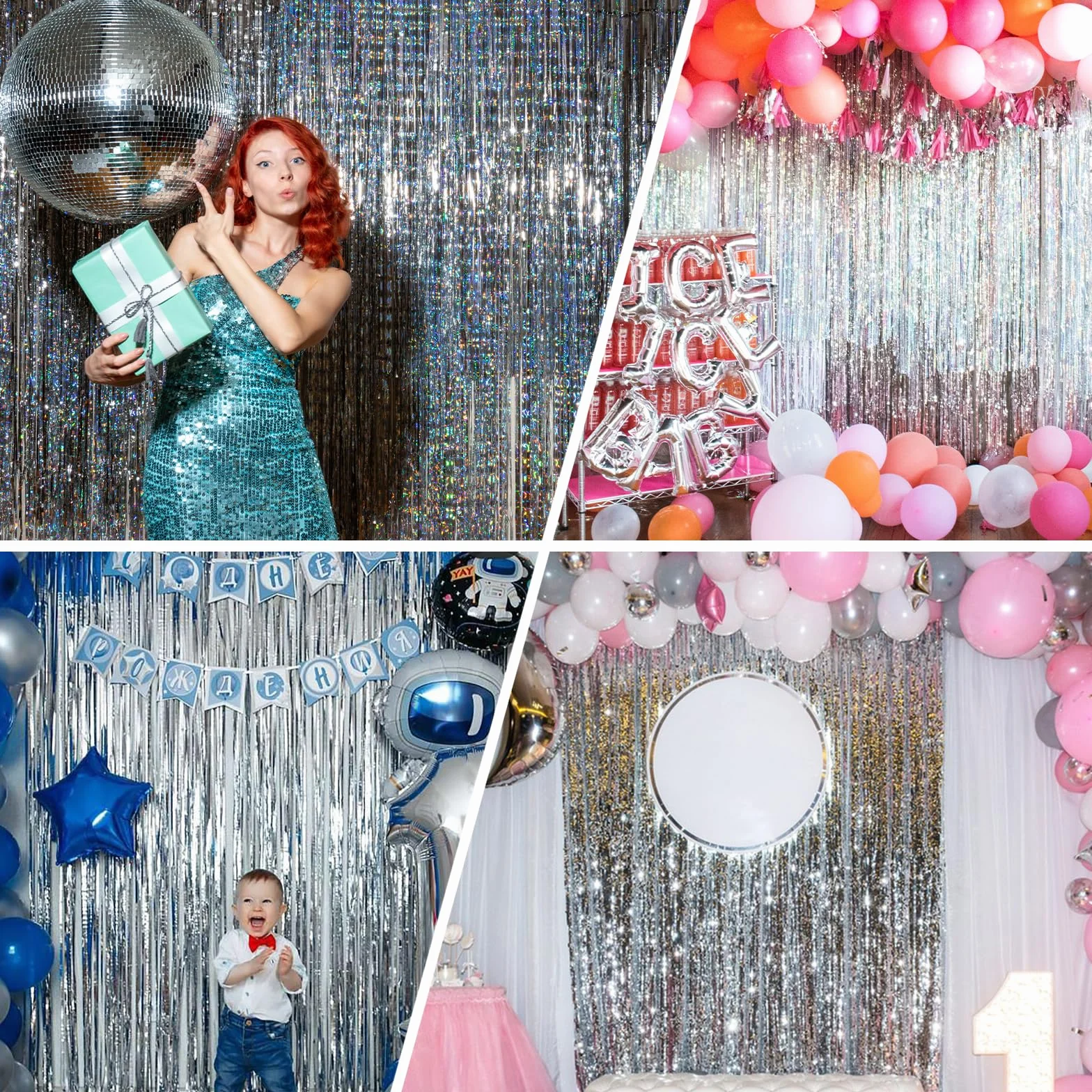 Rideau Argenté Métallique Tinsel 1 m x 2.5 m, Rideau Paillette pour Décoration Anniversaire, Nouvel An, Mariage