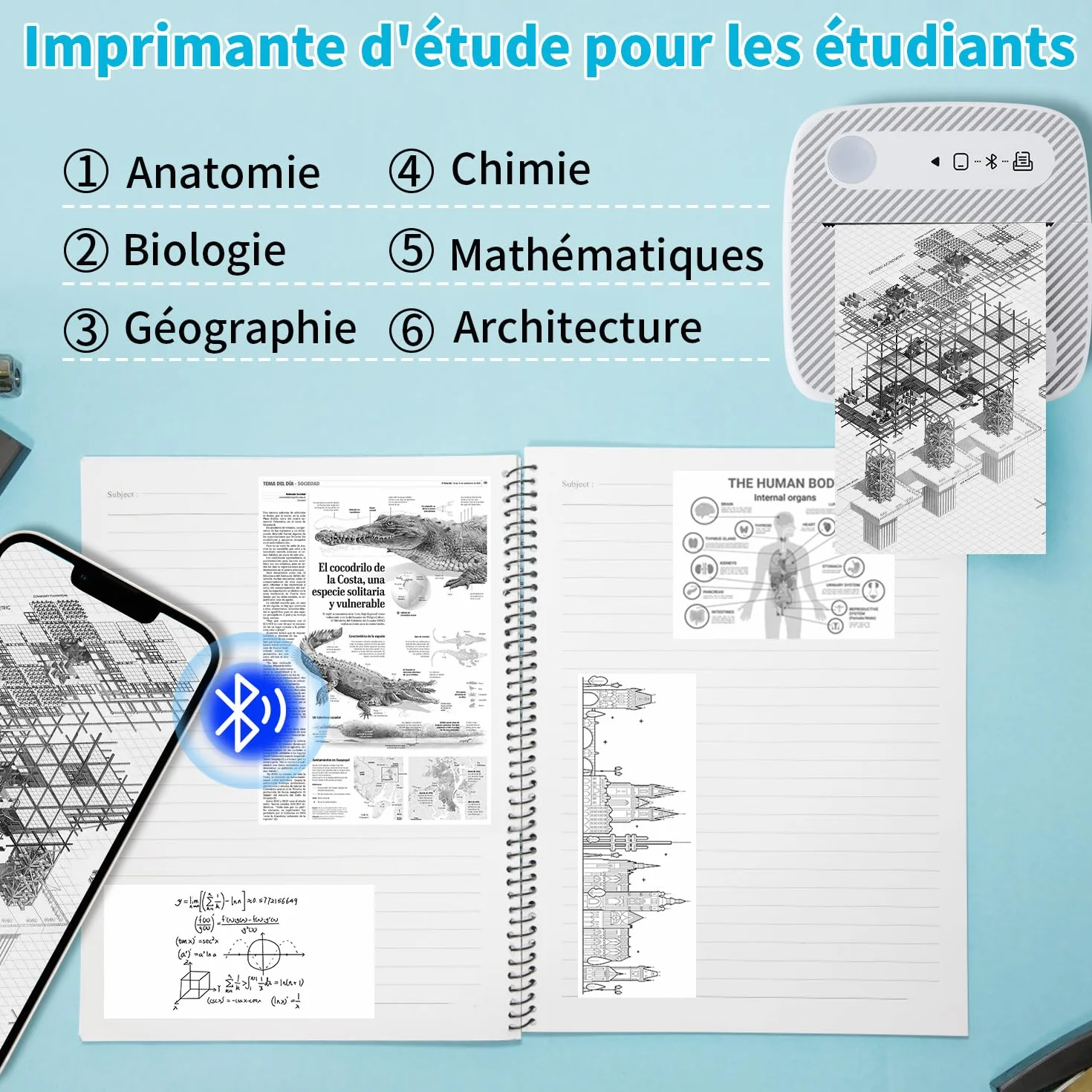 JESWO Mini Imprimante Thermique Bluetooth Portable avec 4 Rouleaux Papier 3 Rouleaux Étiquettes iOS Android