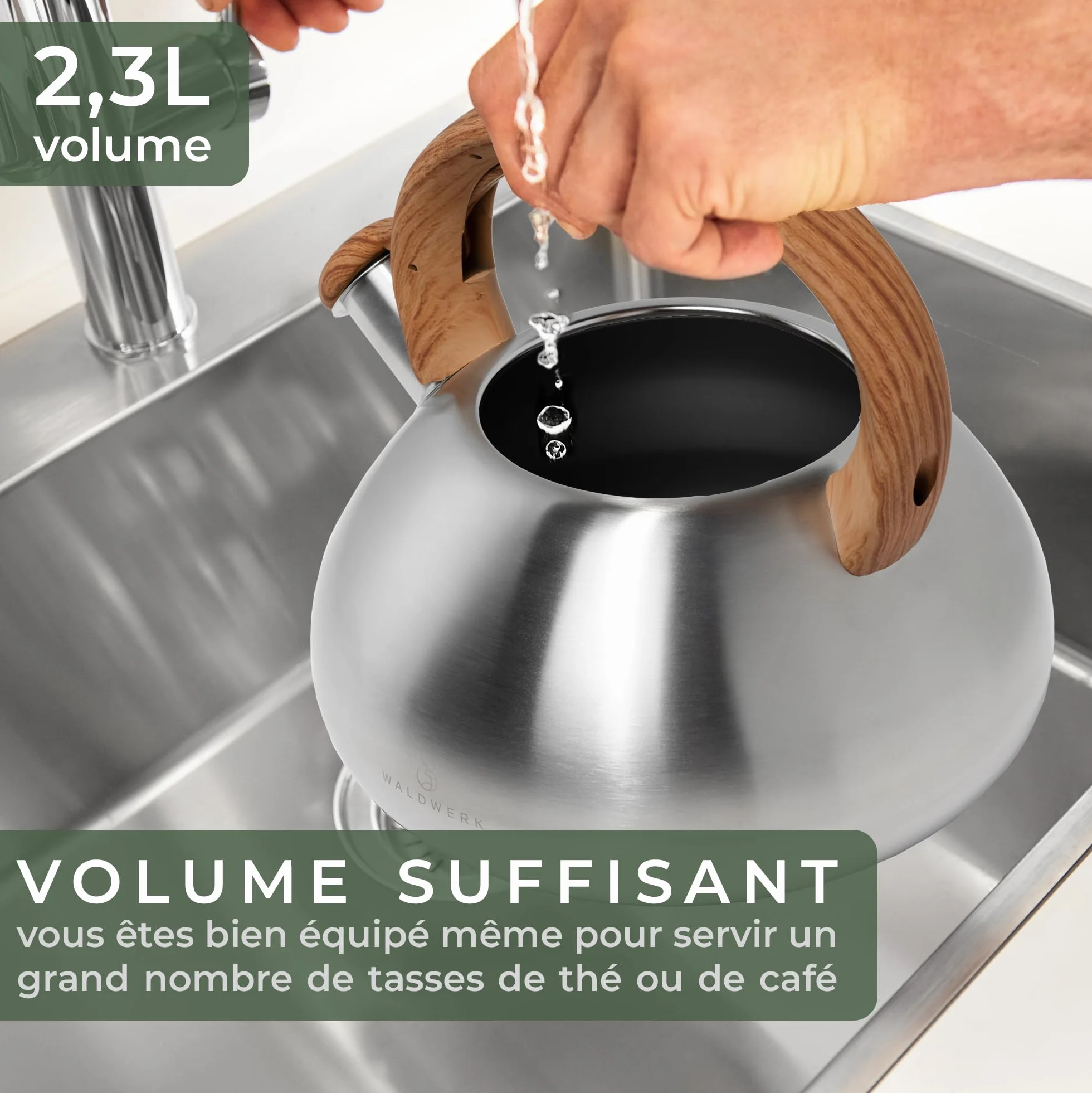 WALDWERK (2,3 L) Bouilloire INOX Vintage pour Induction et Gaz - Poignée Aspect Bois - Sifflante - Retro