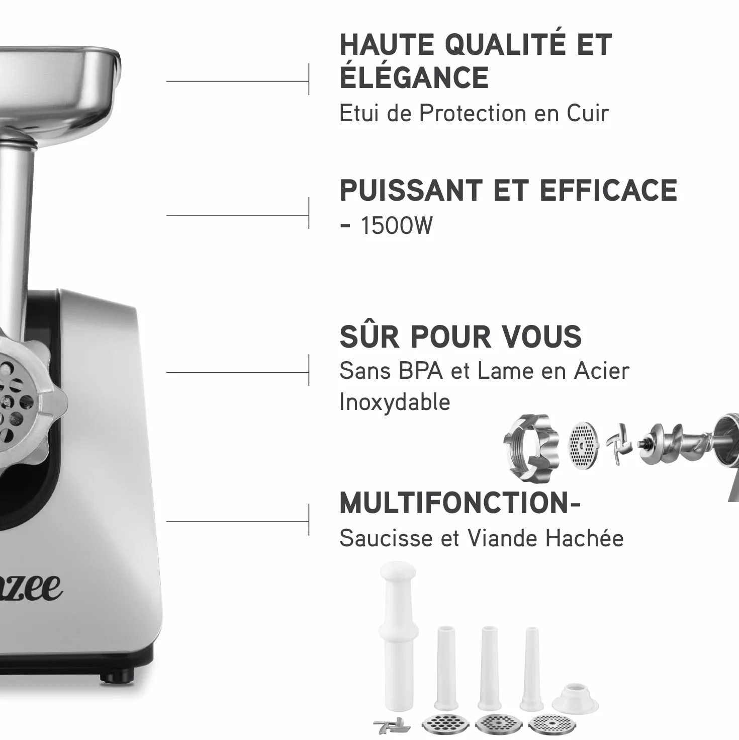 Twinzee Hachoir à Viande Électrique (Noir) - Hachoir Électrique Polyvalent avec 3 Plaques de Coupe en Métal et 3 Embouts à Saucisses, 1500W Max