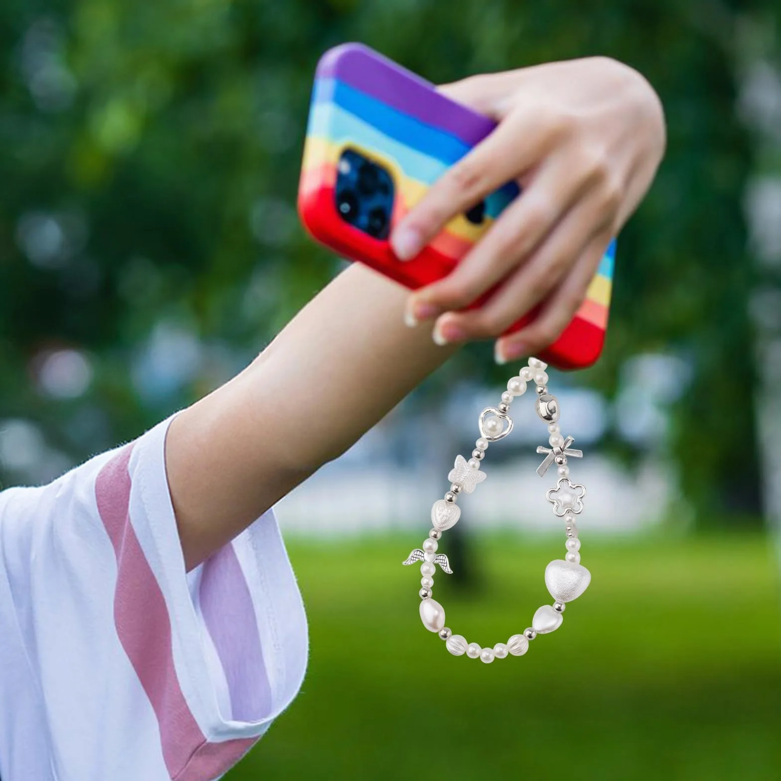 Pasek do Telefonu, Perla Serce Kokarda Koralikowy Wisiorek do Telefonu Uroczy Y2K Pasek do Telefonu Brelok do Telefonu Pasek na Nadgarstek Telefonu na Brelok Plecak Portfel Aparat