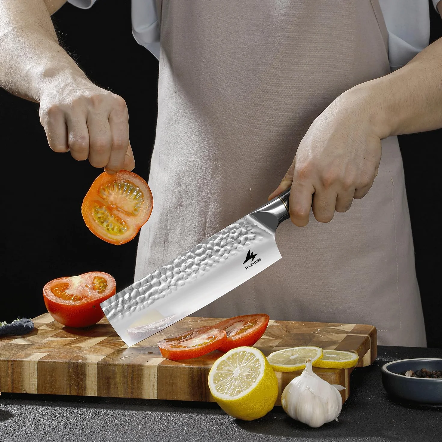 Couteau Nakiri 17,5 cm, Acier Inoxydable à Haute Teneur en Carbone – Couteau de Chef Japonais Forgé à la Main Avec Manche en Bois de Pakka Pour Cuisines Professionnelles et Domestiques