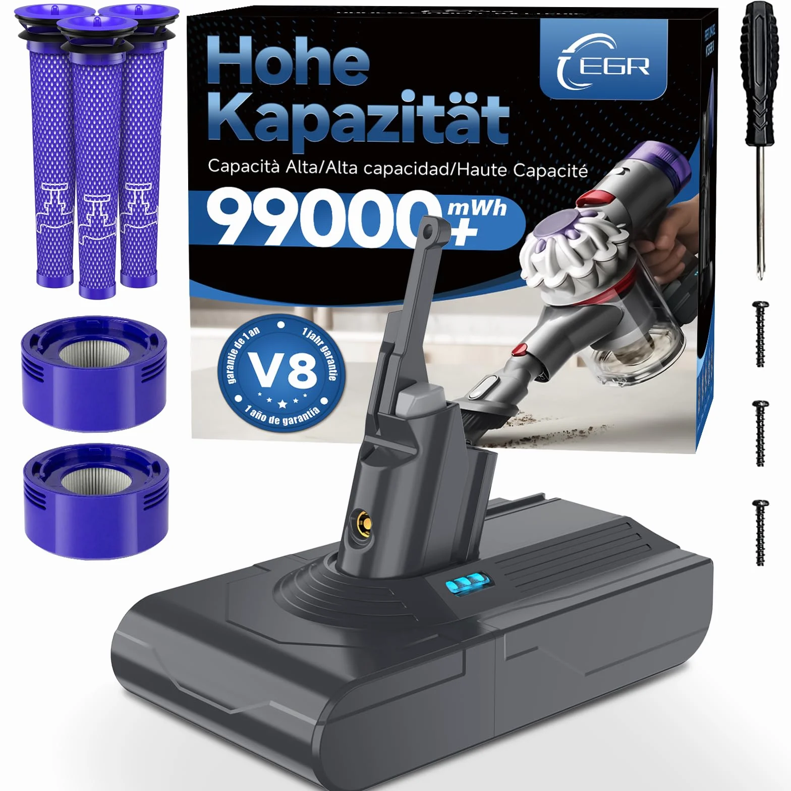 EGR Améliorée V8 Batterie Compatible Dyson V8 Absolute Animal Motorhead Fluffy SV10 Aspirateur avec 5 Filtres