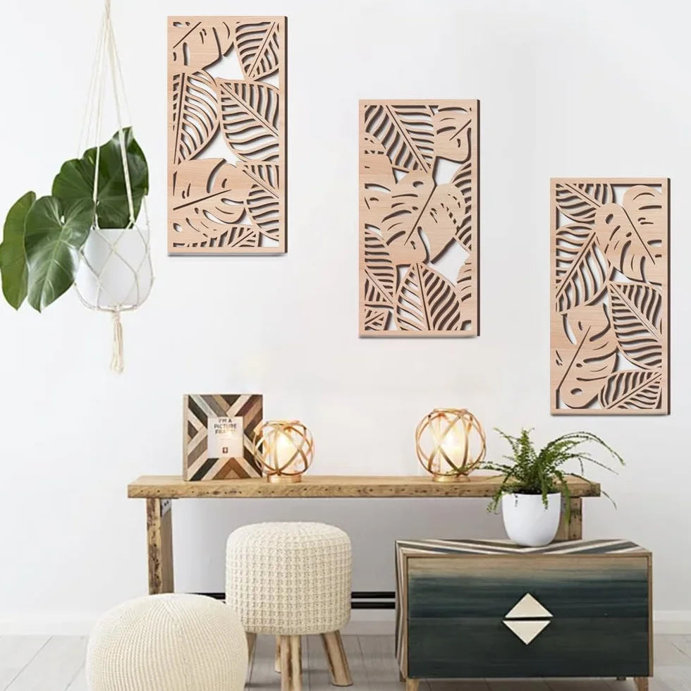 Rongxze Décoration murale bohème 3 motifs feuilles 40 x 20 cm Style naturel