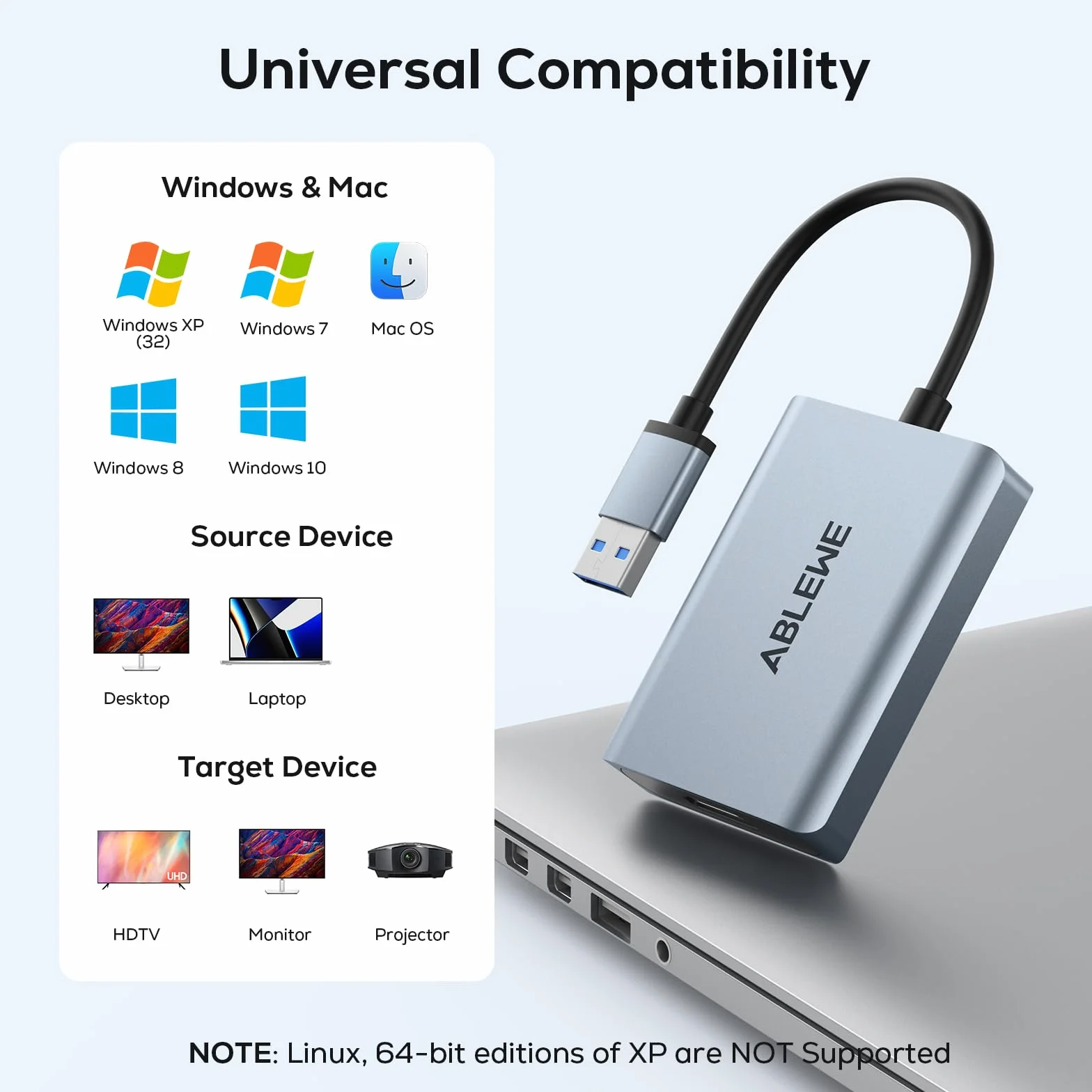 ABLEWE Adaptateur USB vers HDMI 1080p Full HD Video Audio Multi Moniteur Convertisseur pour PC HDTV Compatible Windows XP 10/8.1/8/7