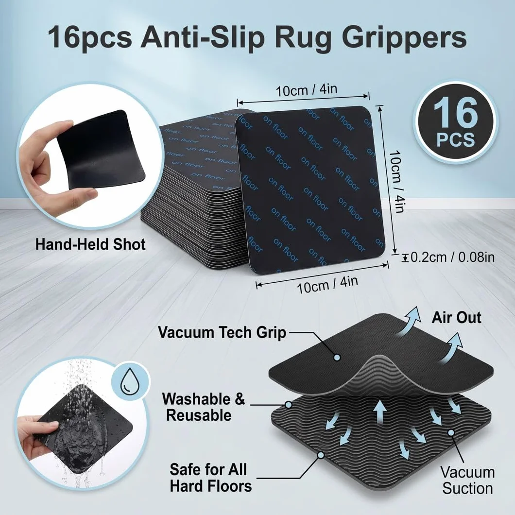 Antidérapant Tapis Lavable 16 Pièces Double Face Patins Antidérapants Réutilisables pour Carrelage Parquet Sol Dur Autocollants Anti Glisse Coins de Tapis