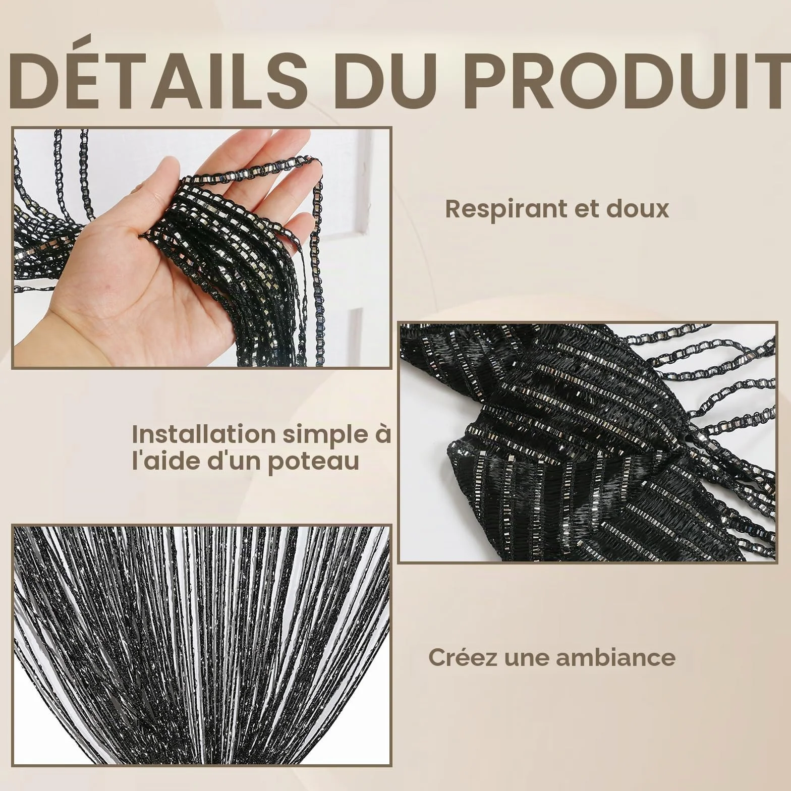 Rideau Anti Mouches à Perles 100 cm x 200 cm Moustiquaire Porte Fenêtre Séparation Pièce Décoratif Noir