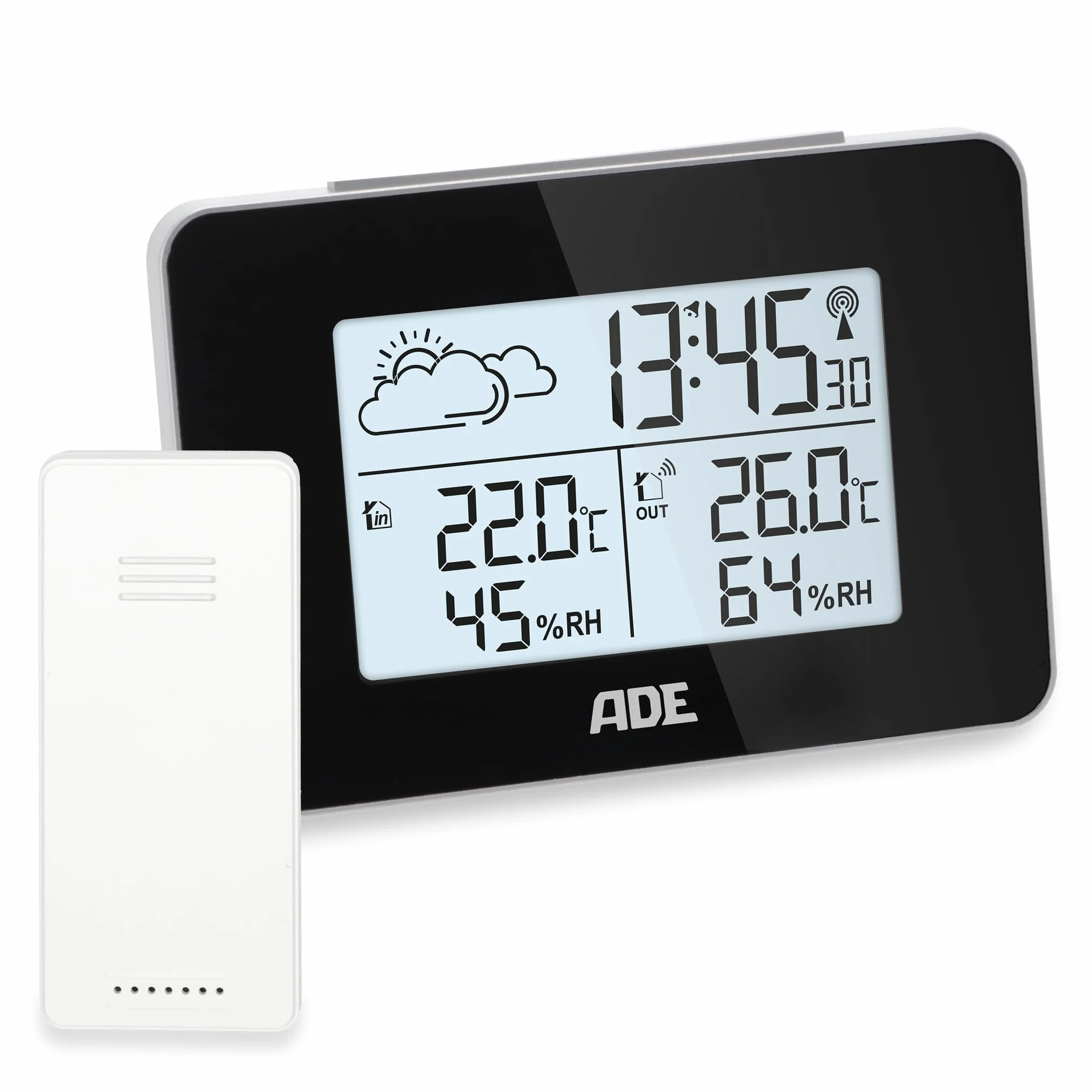 ADE Station météo intérieur avec capteur extérieur thermomètre hygromètre horloge DCF alarme écran LED noir