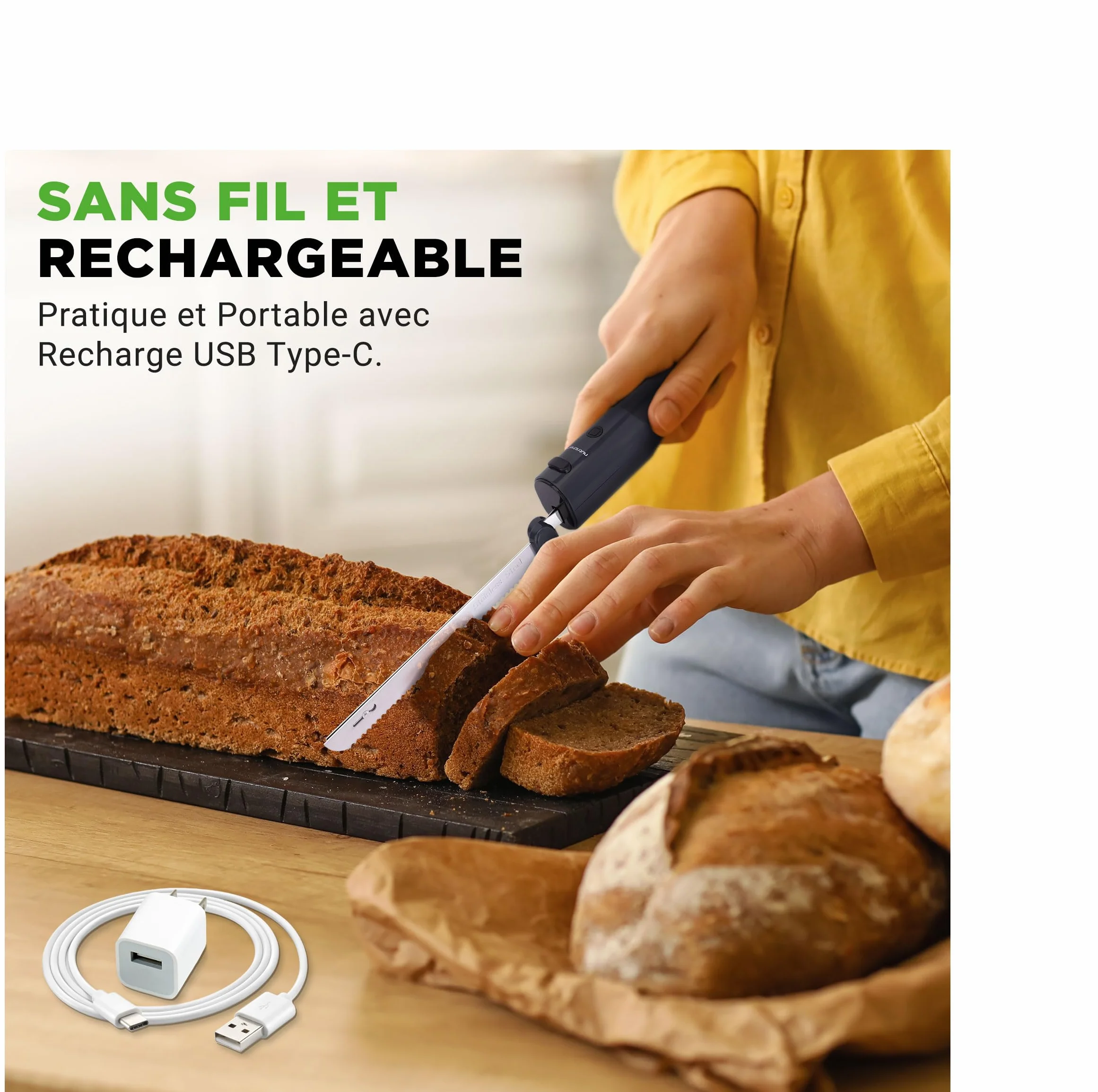 NutriChef Couteau Électrique de Cuisine – Couteau à Découper pour Viande, Volaille, Pain et Fromage, Lames en Acier, Modèle Sans Fil, Bouton Sécurité ON/OFF, Noir