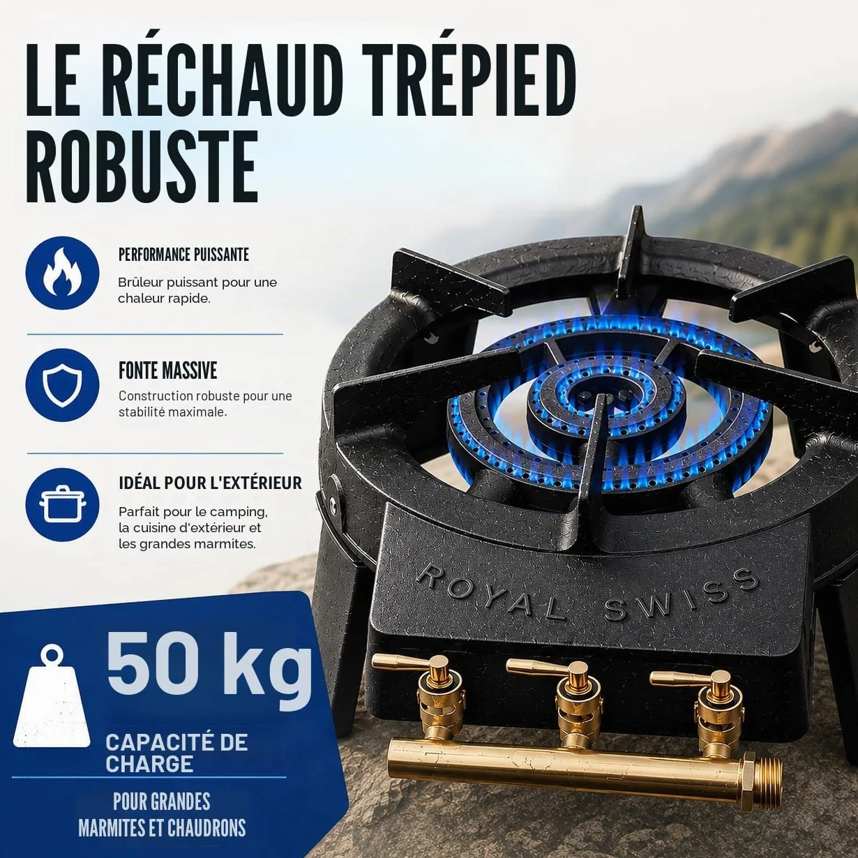 Royal Swiss Réchaud à Gaz 3 Robinets en Fonte, Trépied Gaz pour Paella et Grandes Marmites, Brûleur Butane Propane, Gazinière Extérieure avec 4 Pieds, Noir