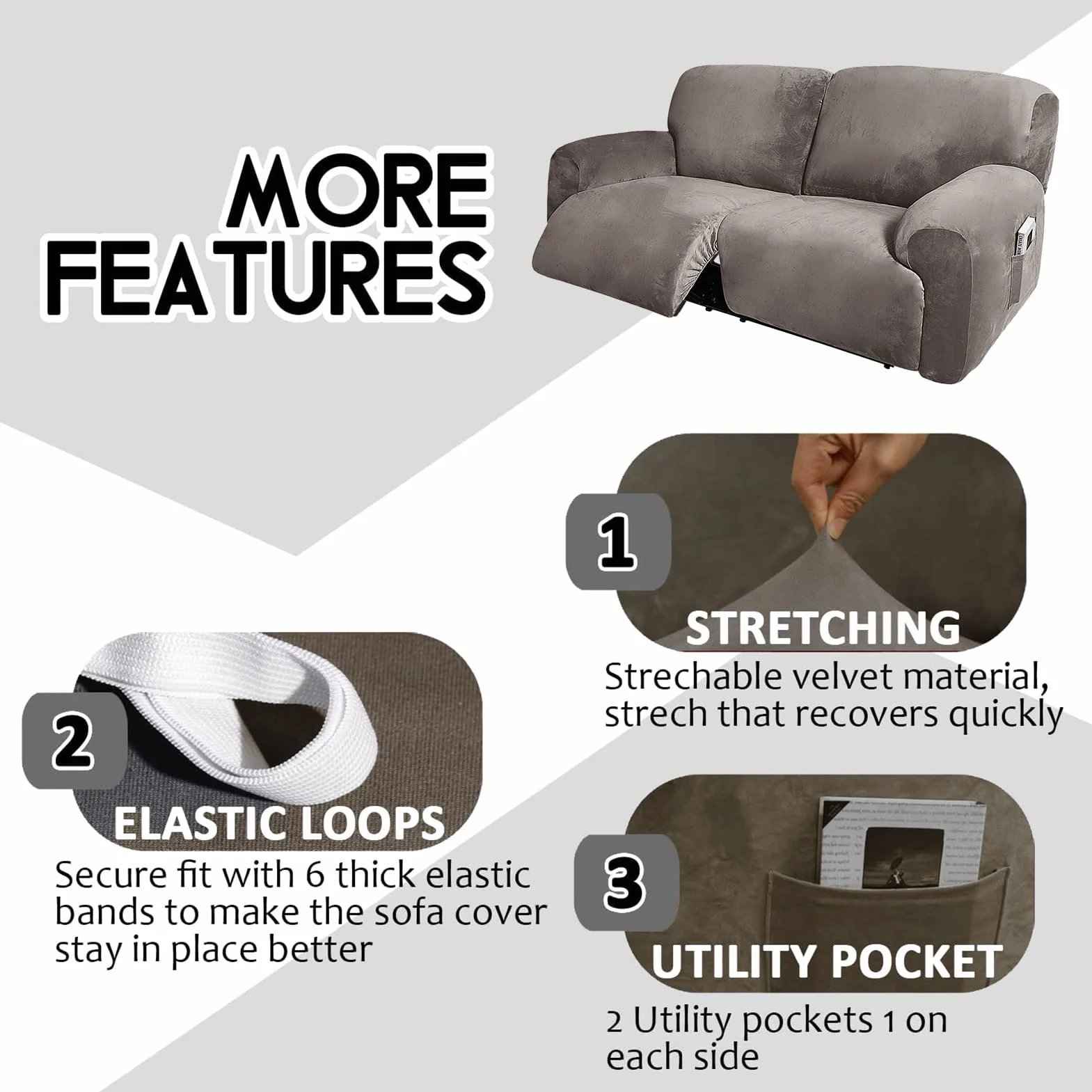 Housses de Chaise inclinables Velours Extensible 190-254 cm 2 Places 6 pièces Amovibles Taupe