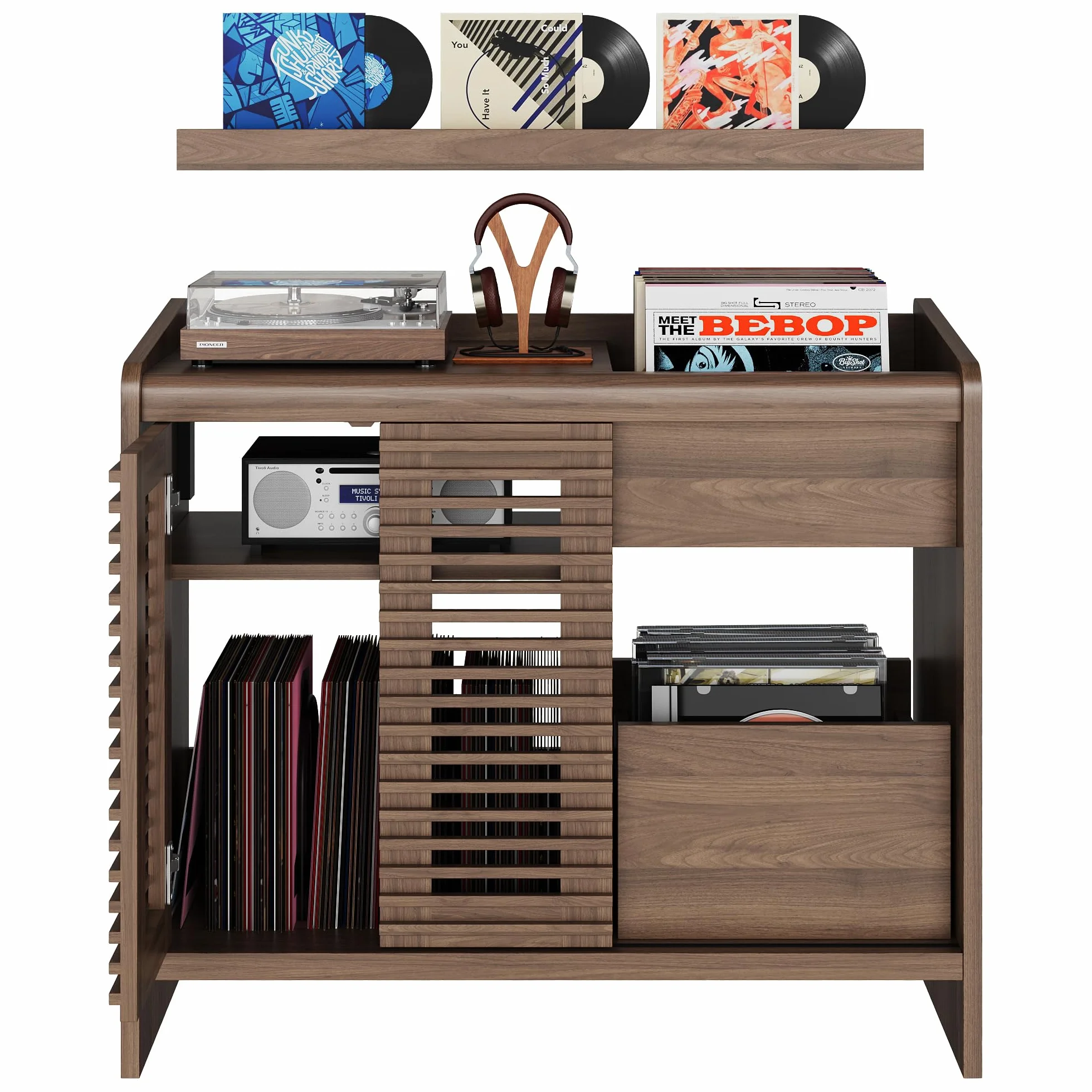 IRONCK Étagère pour Tourne-Disque Vinyle avec Support Mural pour disques vinyles, Rangement jusqu'à 350 Albums avec Prise de Charge, pour Salon et Chambre à Coucher, Marron Noyer rétro