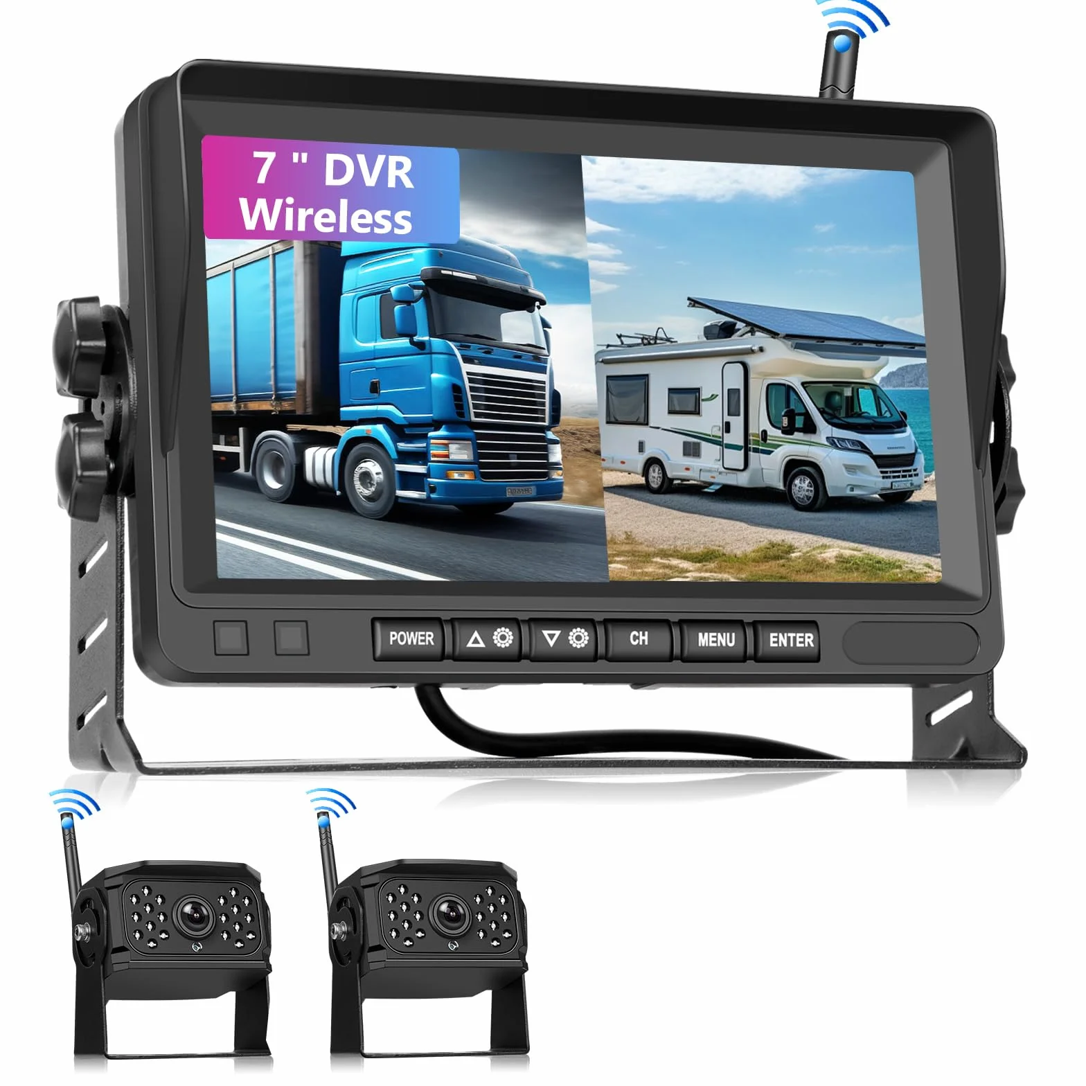 VECHTEL Bezprzewodowa kamera cofania 1080P z 7-calowym monitorem IPS, zestaw DVR+2 x kamera cofania samochodu, IP68, noktowizor, linie jazdy DIY, do ciężarówek, autobusów, Van, kamperów, SUV,