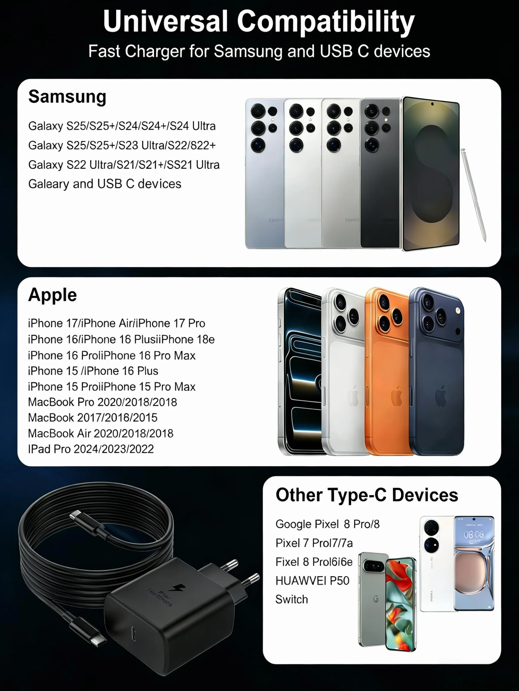 Szybka ładowarka USB-C 45W do Samsung Galaxy S25/S25 Ultra/S24/S24 Ultra/S23/S23 Ultra/S22/S21/A55/A54/A15/A56/A26/A54/A53, zasilacz ścienny z 2-metrowym czarnym kablem USB-C do szybkiego ładowania