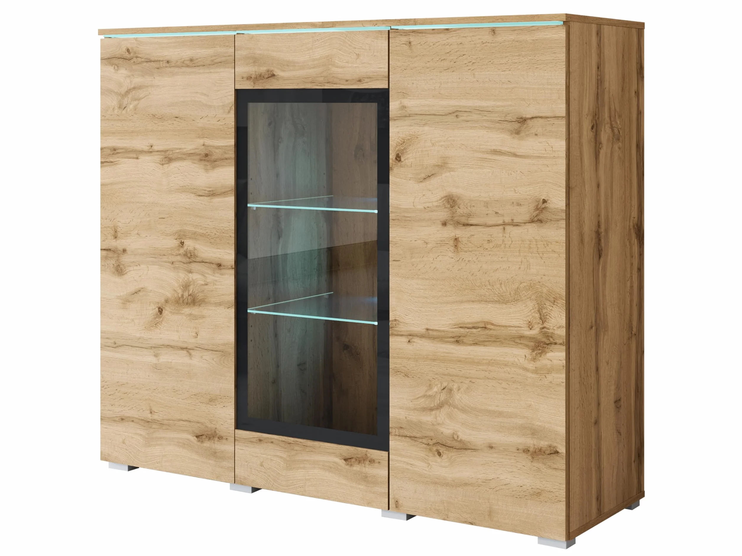 MINIO go for it - Buffet Salle a Manger Veve, Buffet Haut 120 cm Longueur, Meuble Vitrine Chêne Wotan - sans éclairage LED
