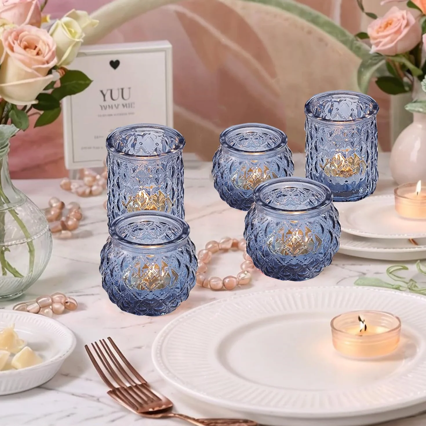 Lot de 12 bougeoirs en verre assortis pour fête prénuptiale, centre de table de mariage, décoration d'intérieur (12, bleu)