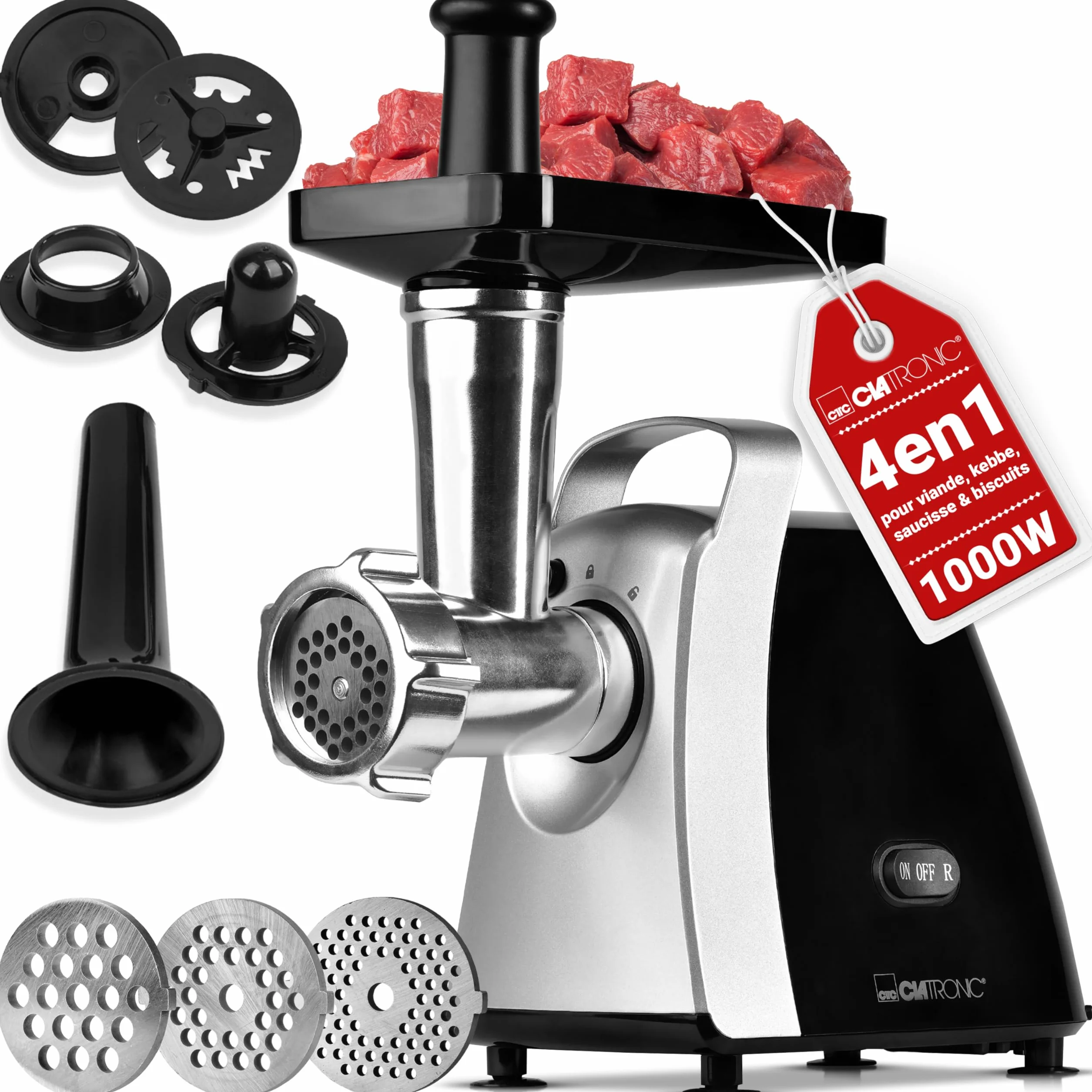 Clatronic® Hachoir à viande 1000 W | avec embout pour biscuits/pâtisseries | Hachoir à viande électrique | 3 disques perforés en métal | marche avant et arrière | avec remplissage à saucisses | cou