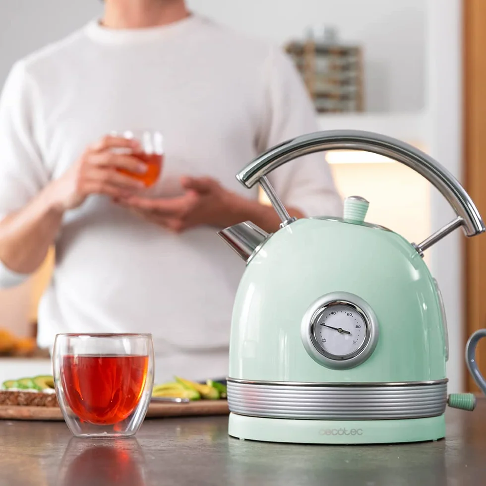 Cecotec Bouilloire électrique ThermoSense 420 Light Green. Capacité de 1,8 litres, 2200 W, compteur de température, base 360°, acier inoxydable, style vintage, vert