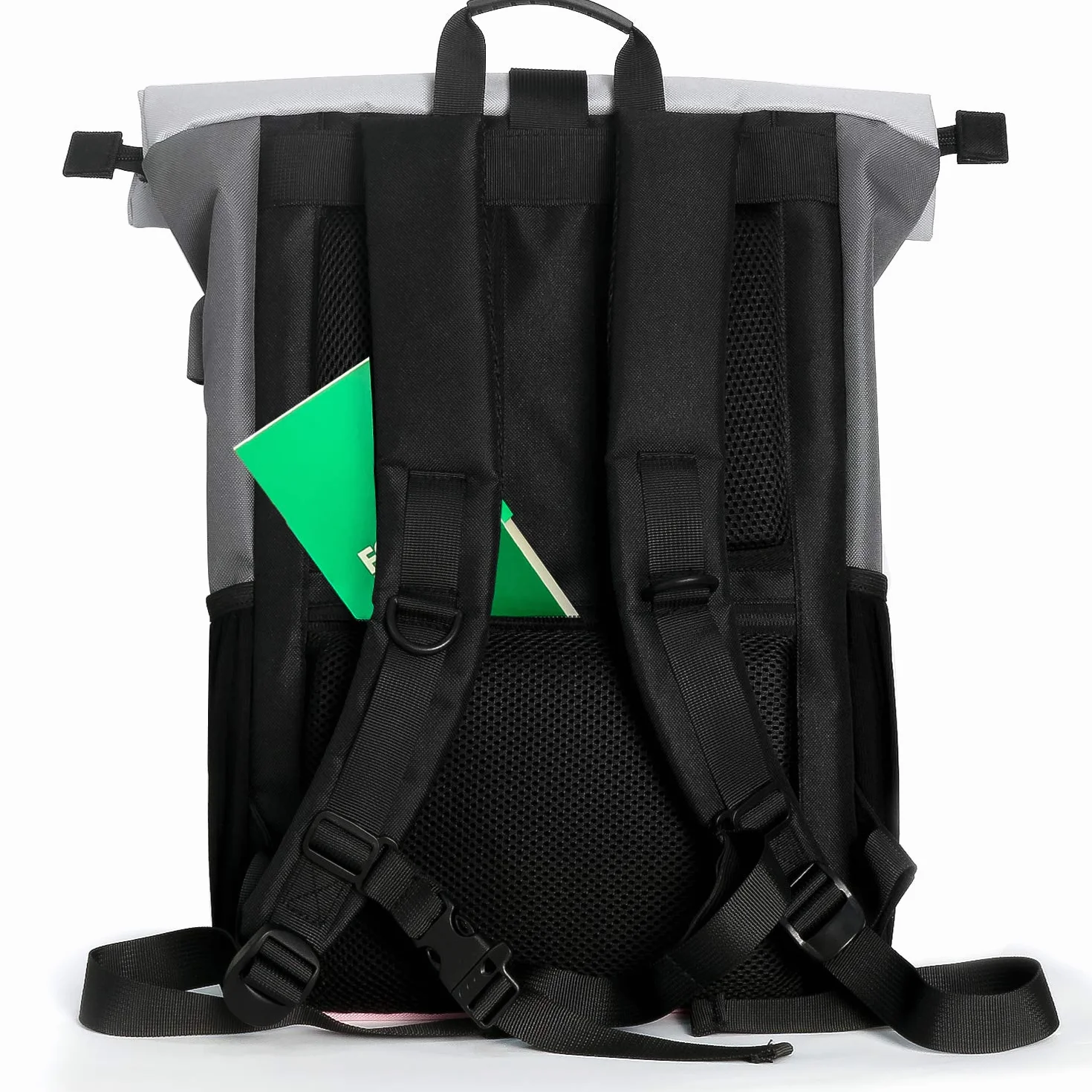 Plecak Rolltop Women, plecak na laptopa do laptopa 17,3 cala, plecak szkolny dla nastolatki z portem ładowania USB do pracy, uniwersytetu, szkoły, podróży, plecak sportowy (różowy szary-26L)