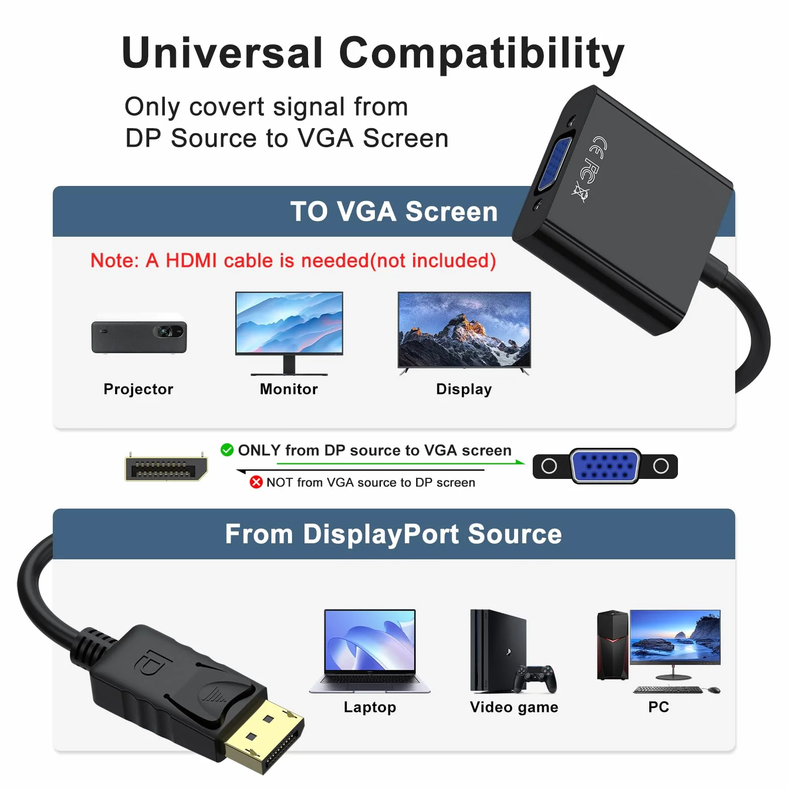 AK Wyświetlacz na adapter VGA (wtyczka na gniazdo), jednokierunkowy DP na VGA konwerter do komputera