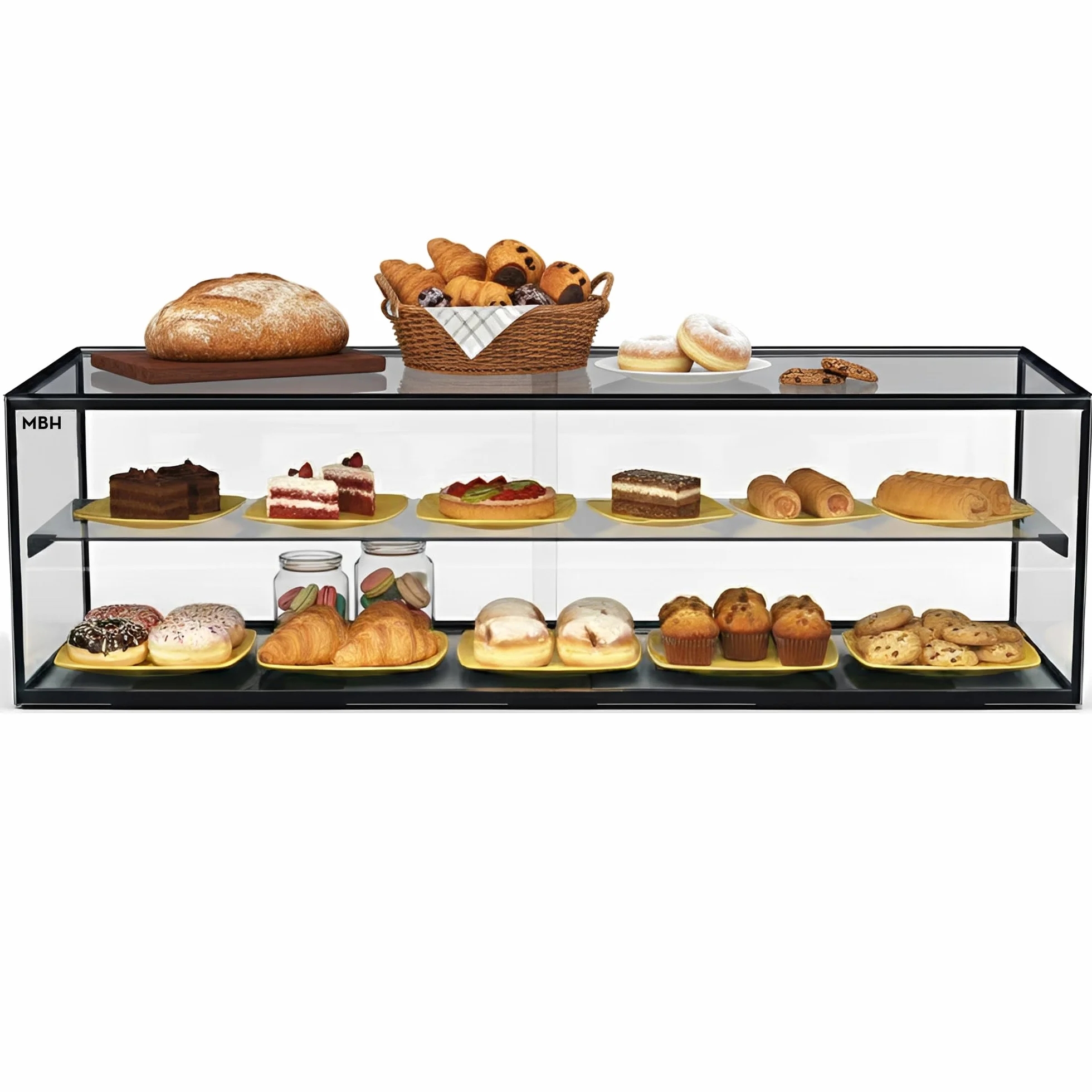MBH - Vitrine Neutre de comptoir 120x39 cm, vitrage Droit trempé, 2 Niveaux, sans éclairage LED, Portes arrière coulissantes, pour Bar, café, Restaurant, viennoiseries et pâtisserie.