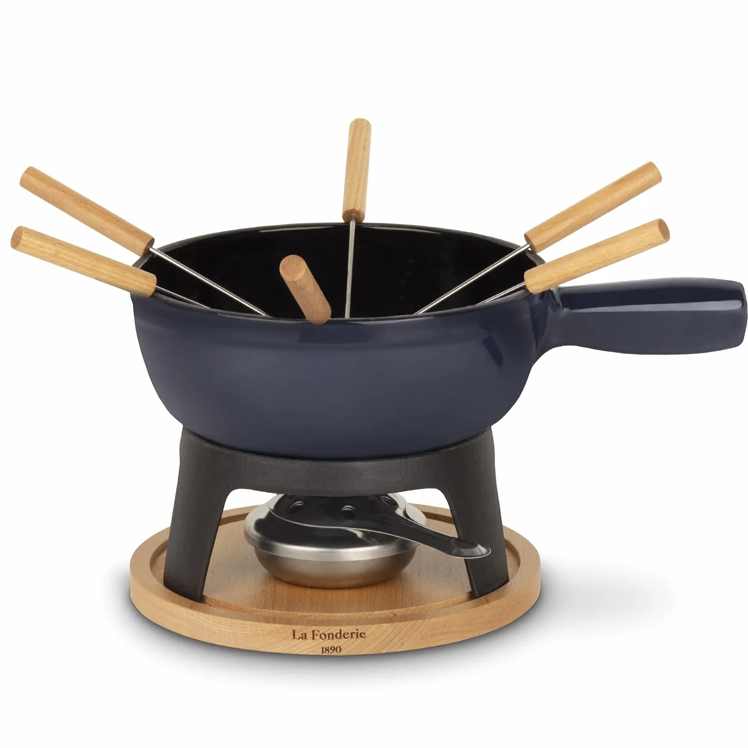 Service à Fondue Savoyarde en Fonte 6 Personnes MONT JOUX, Fondues fromage et chocolat, 6 Fourchettes avec manches en bois de hêtre, Socle en bois naturel, Capacité 1,8L