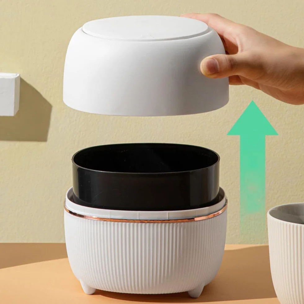 Poubelle de Bureau Créative en Plastique avec Couvercle à Bouton - Petite Poubelle de Table (Blanc)