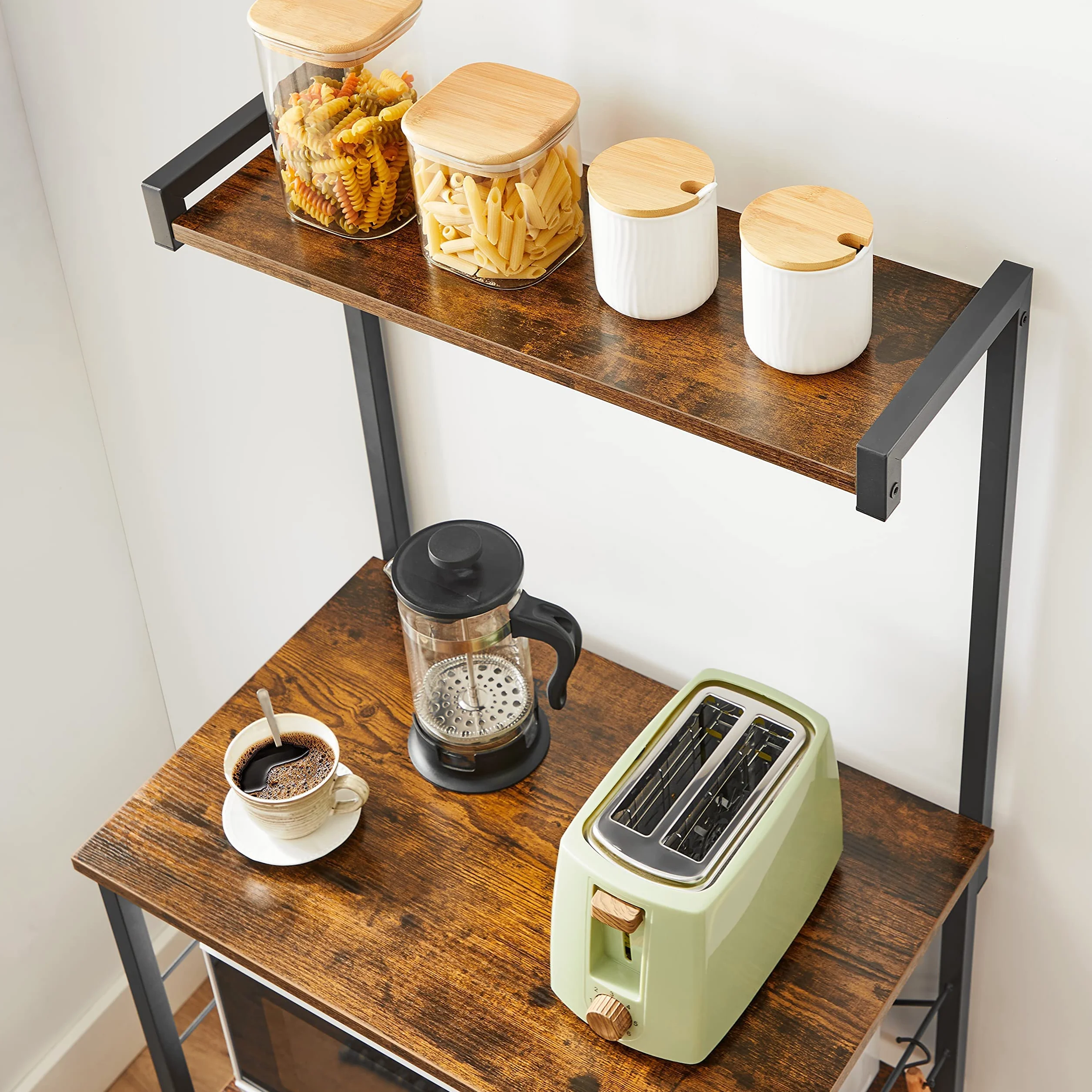 VASAGLE Organisateur de Cuisine, étagère à 3 Niveaux, 6 Crochets en S, pour Micro-Ondes, Grille-Pain, Pots à épices, casseroles, casseroles, industriels, Marron Rustique et Noir KKS023B01
