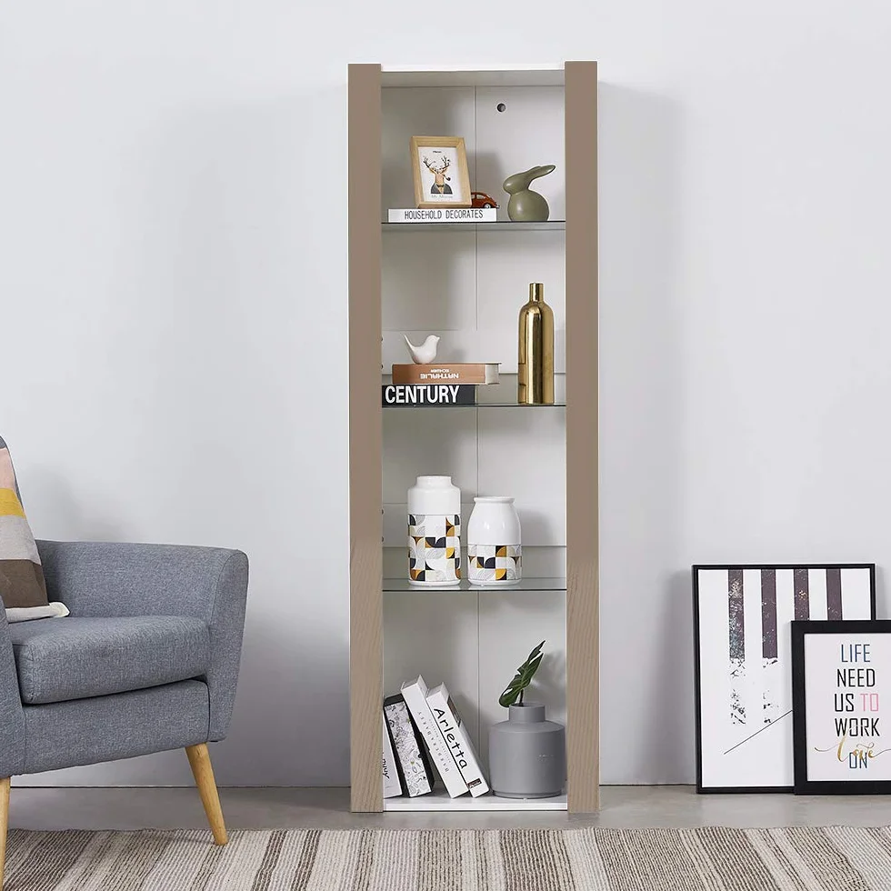 Panana Vitrine Lumières LED Meuble de Rangement avec Etagères sur Salon, Bureau, 55 x 35 x 166 cm (Gris+Blanc)