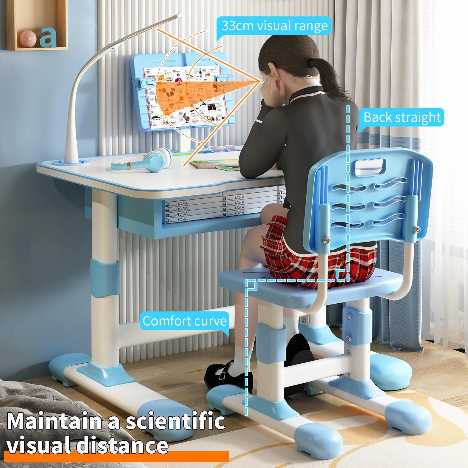 Ensemble bureau et chaise réglable hauteur, support lecture inclinable, tiroir extra large, lampe LED pour enfants 3-18 ans, école, maison, bleu
