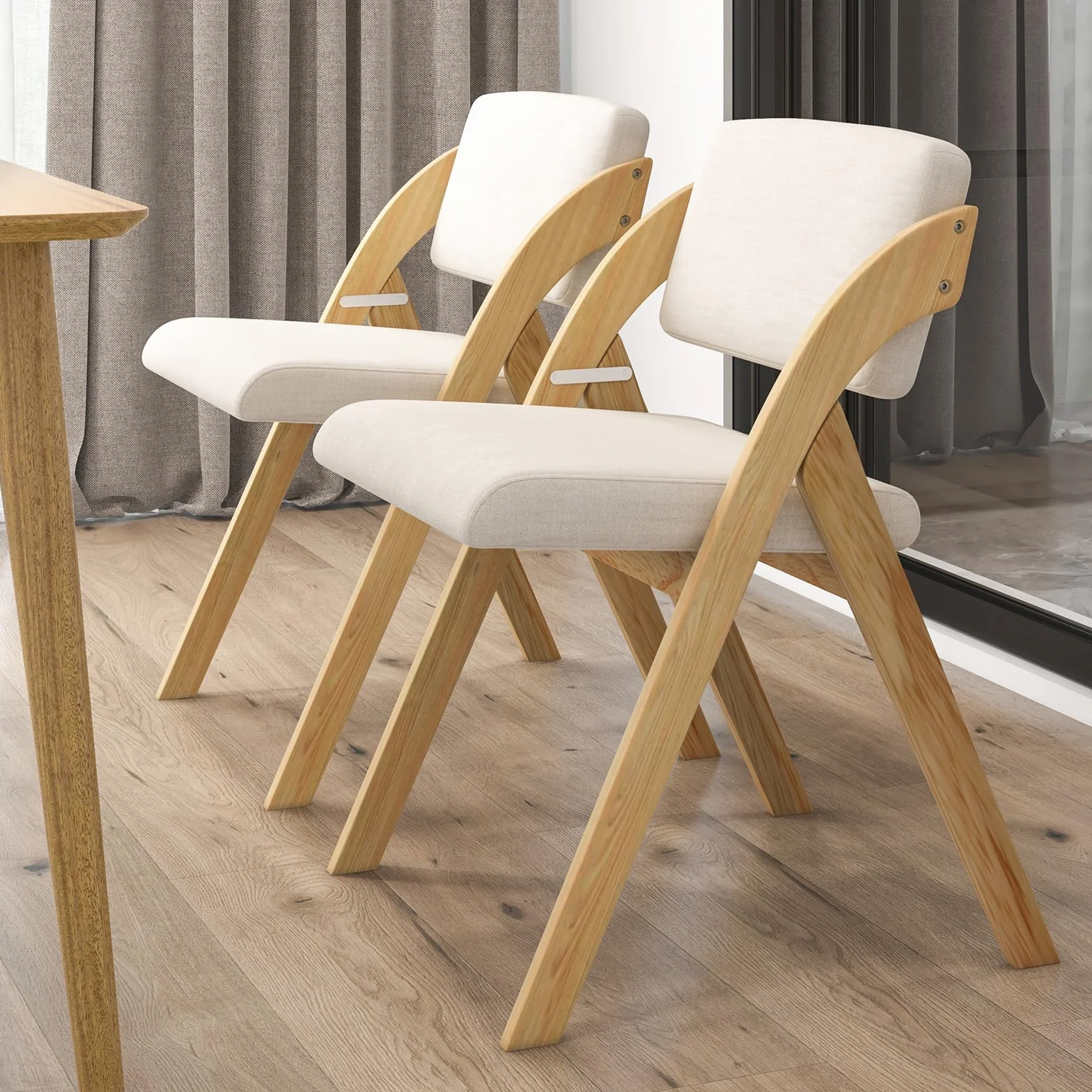 RELAX4LIFE Lot de 2 Chaise Pliante Bois, Chaise Salle a Manger avec Siège Rembourré, Housse en Lin, Chaise Pliable Interieur, Peu Encombrante, pour Cuisine, Salle à Manger, Bureau (1, Naturel+Beige)
