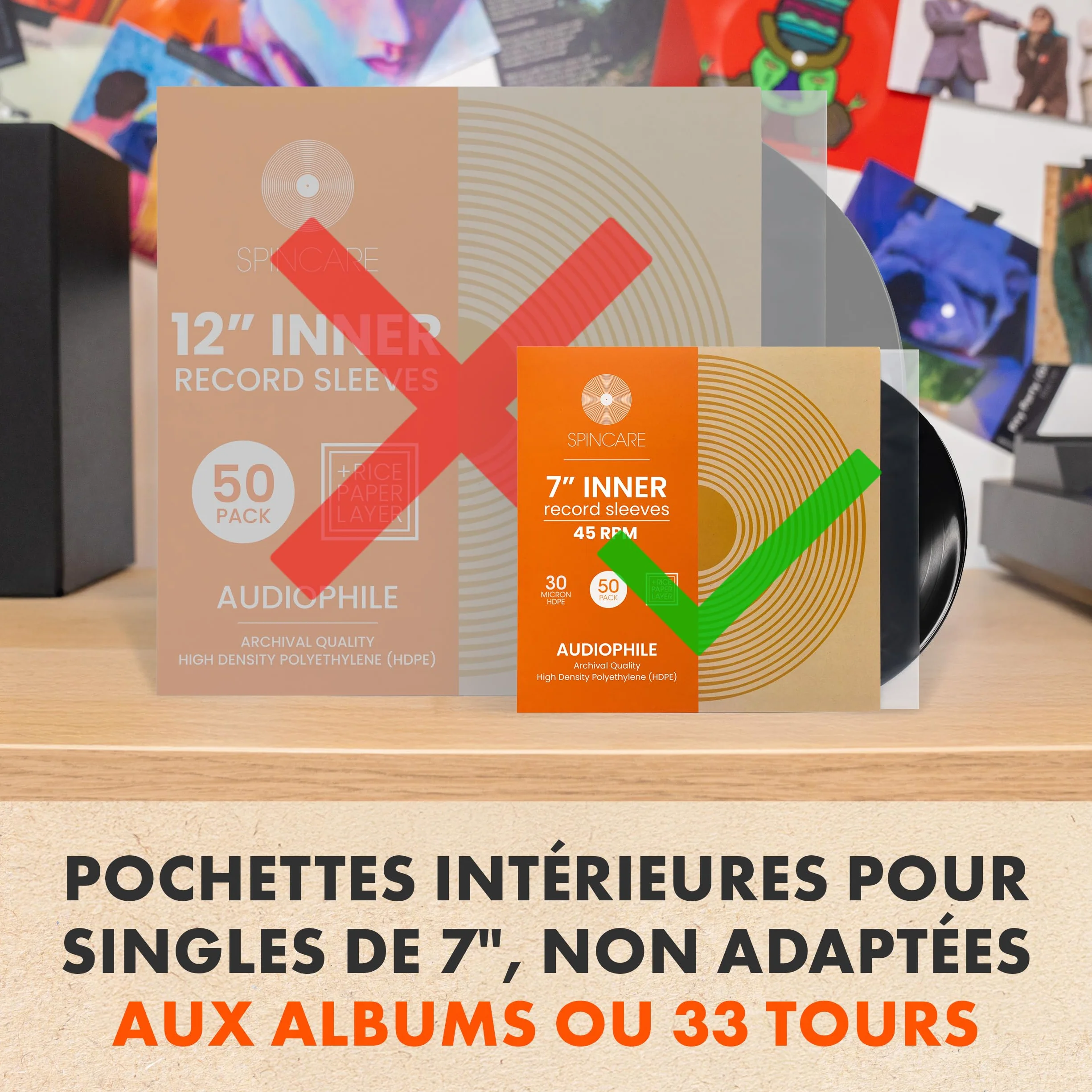 Spincare 50x Pochettes Vinyle 45 Tours 7" Antistatiques HDPE Archivage
