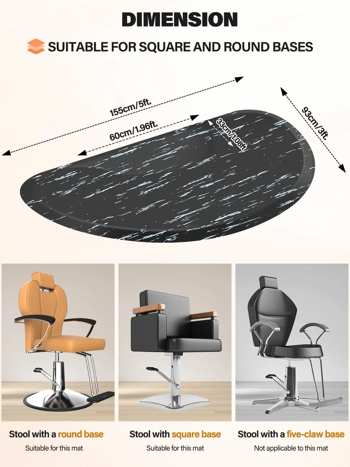 TOROKOM Tapis de chaise de salon de coiffure, 0,9 x 1,5 m, anti-fatigue, tapis de sol épais en demi-cercle pour salon et barbier (marbre noir)