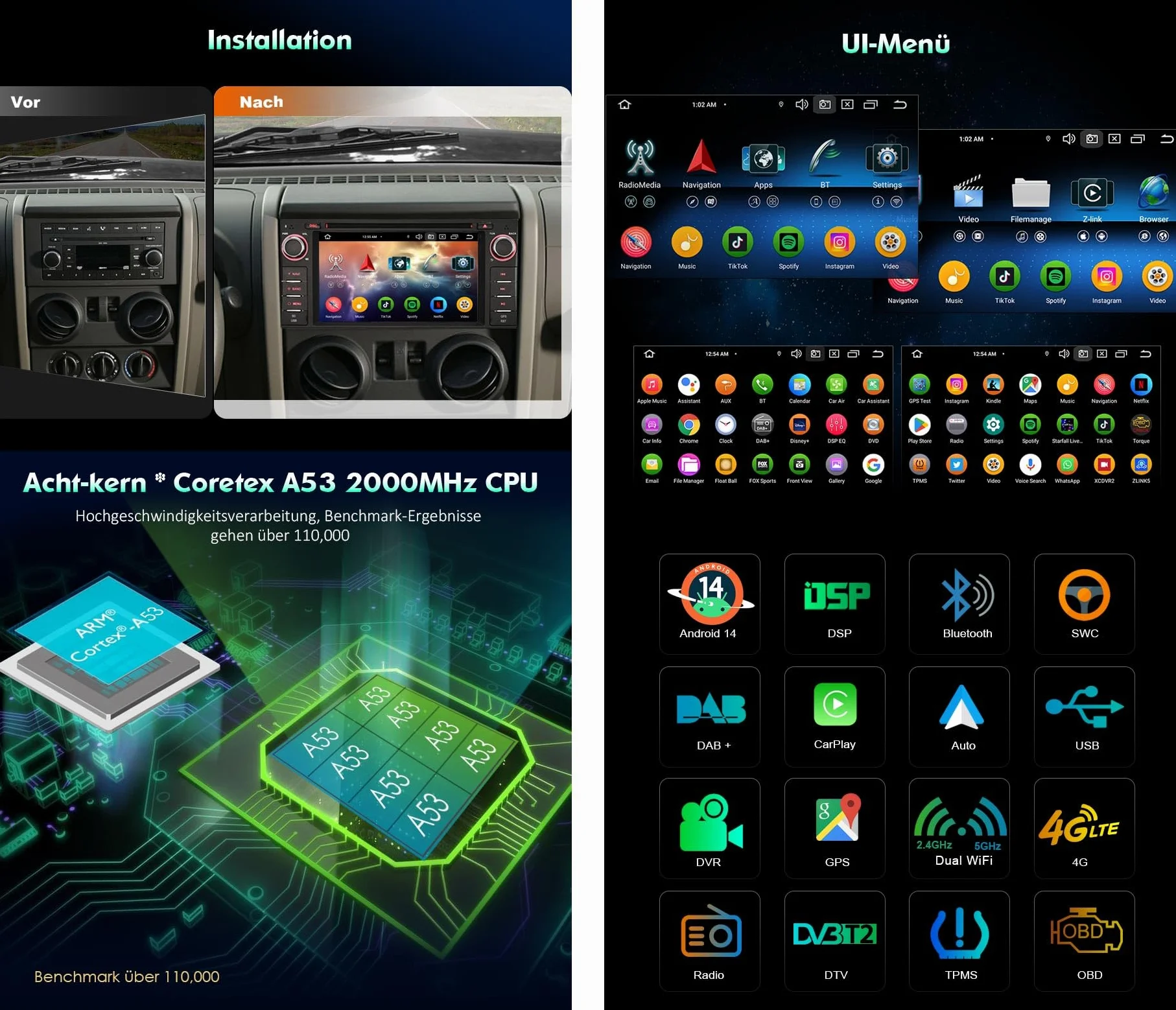 8 rdzeni 4 GB + 64 GB Android 14.0 DAB+ radio samochodowe do Jeep Wrangler Patriot Chrysler 300 C Aspen Dodge Caliber Durango Challenger z nawigacją GPS, CarPlay Android Auto WiFi 4G USB Bluetooth 5.0