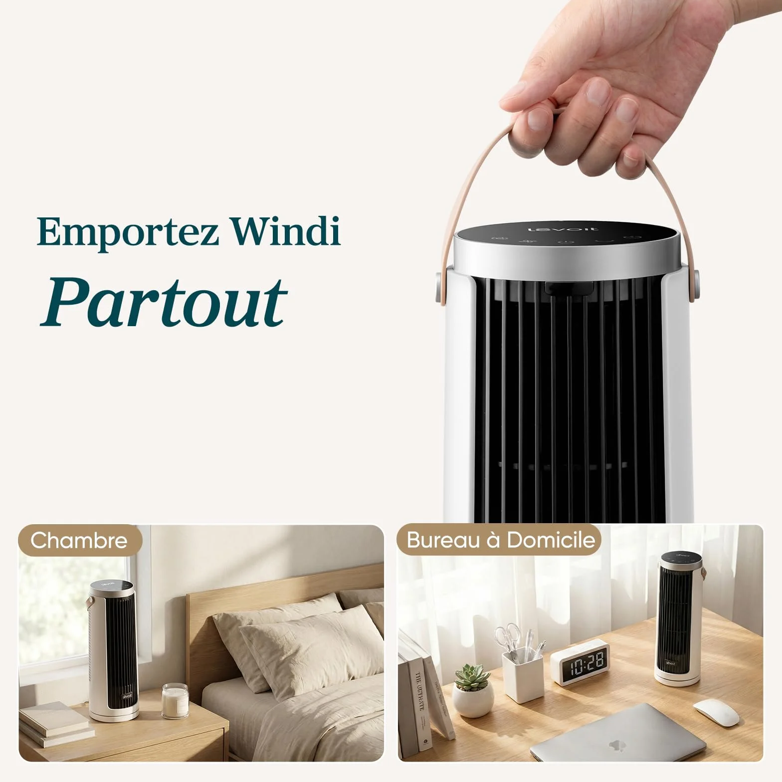 Levoit Windi Mini Ventilateur Colonne Silencieux 20 dB Moteur DC 7 m/s 4 Vitesses Oscillation 90° Minuterie 12H Télécommande