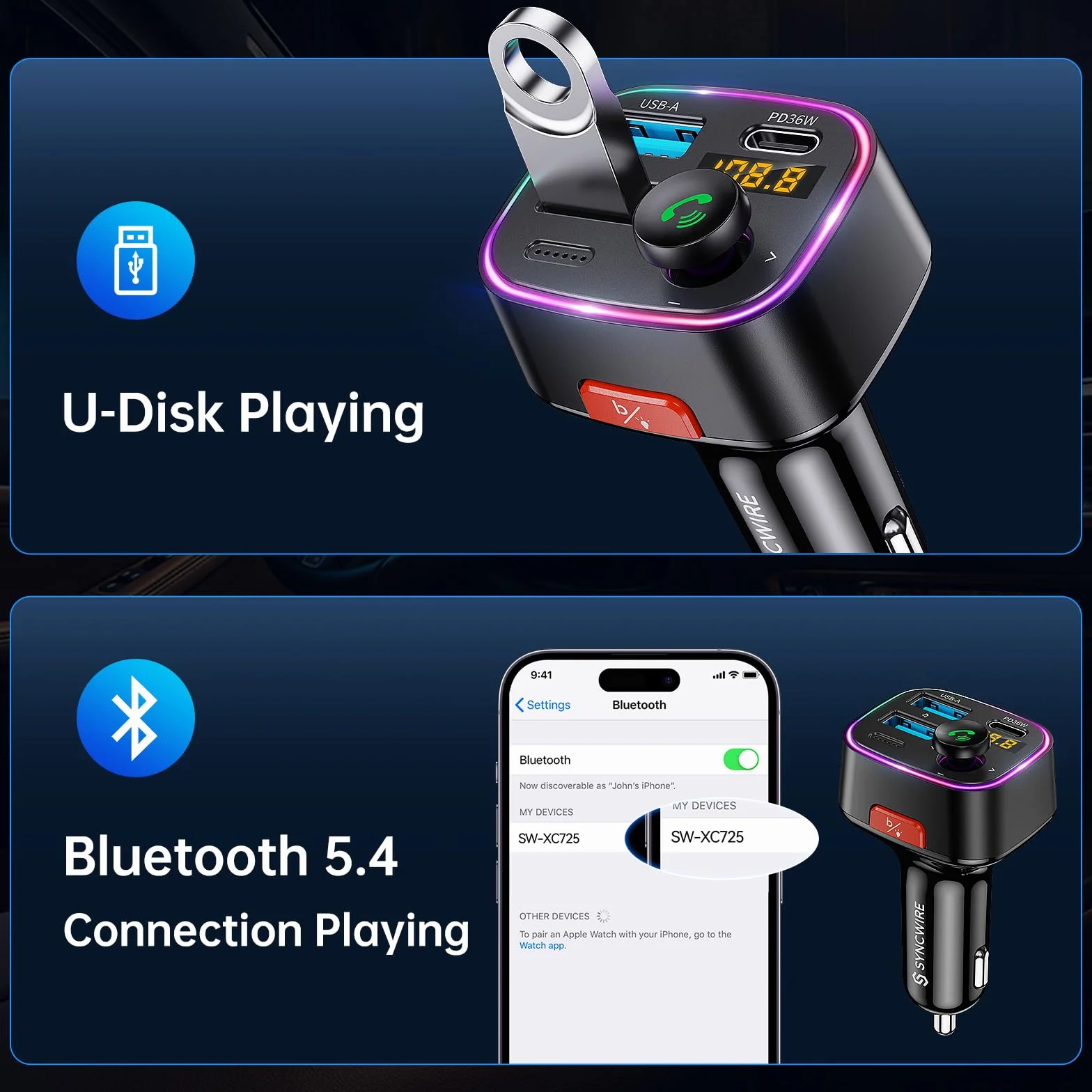 Syncwire Bluetooth 5.3 Fm Nadajnik Samochodowy - Ładowarka Samochodowa 48W (Pd 36W&12W) Adapter Samochodowy, Bezprzewodowy Odbiornik Radiowy, Wyświetlacz Led 64 Gb Usb Z Przełącznikiem Światła