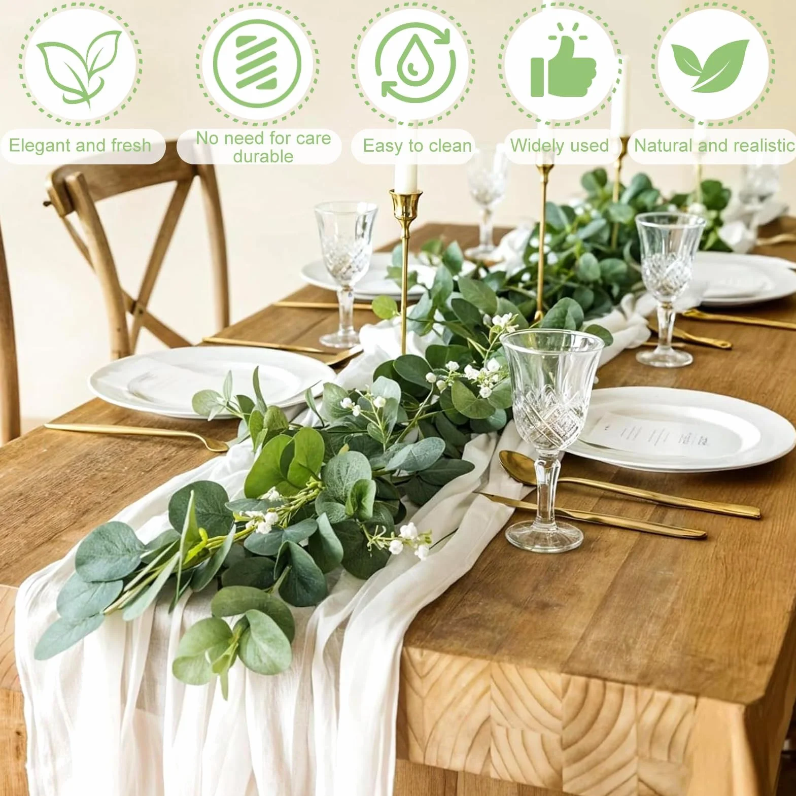 Guirlandes Artificielles d'Eucalyptus 1.8m avec Fleurs Blanches pour Mariage, Salon, Mur